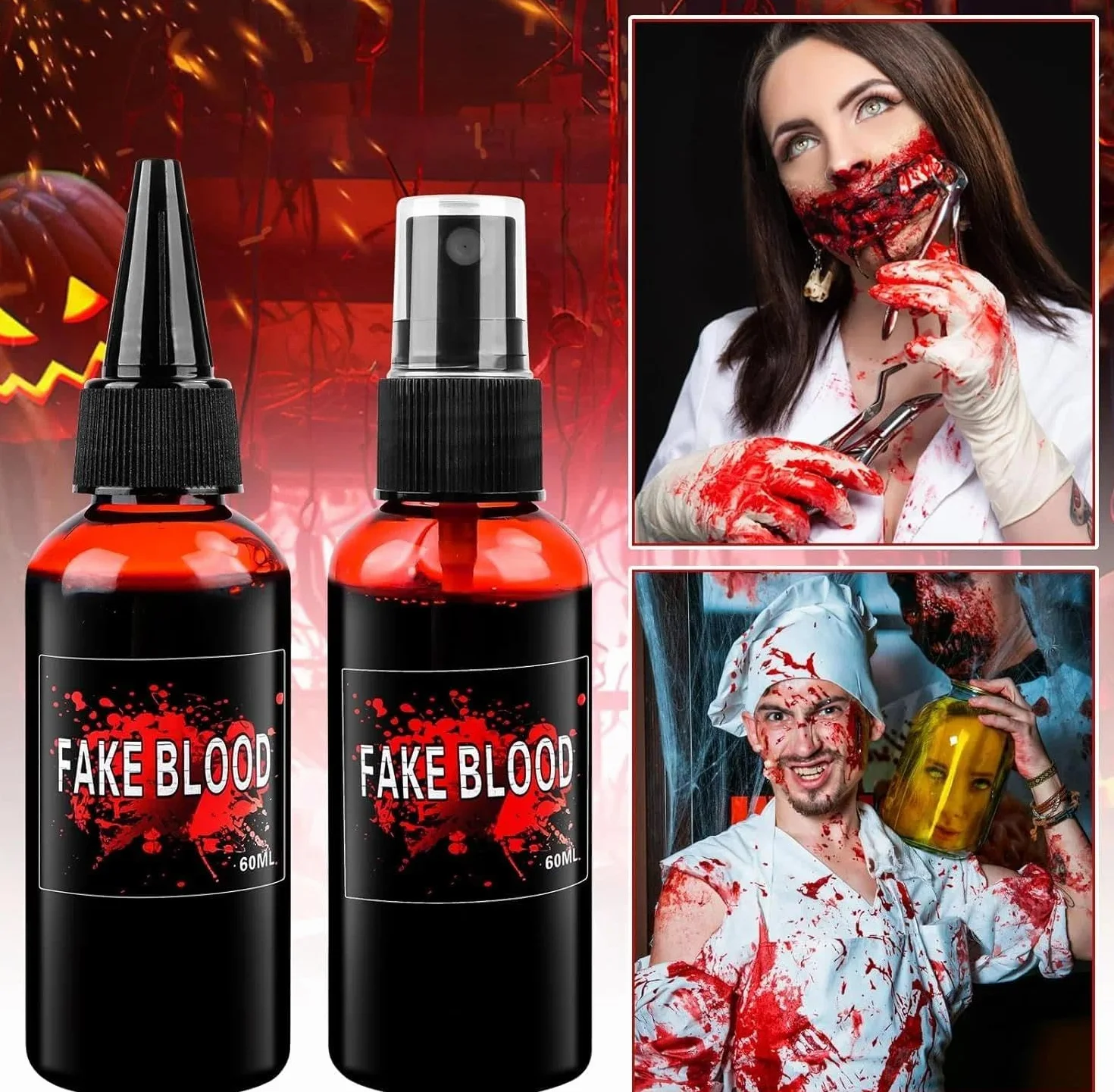 AKONE Halloween sztuczna krew 60 ml, 2 sztuki fałszywej krwi, film krew, krew wampira. Krew zombie, na karnawał, film, teatr, psoty, symulowane rany (zmywalne i bezpieczne)