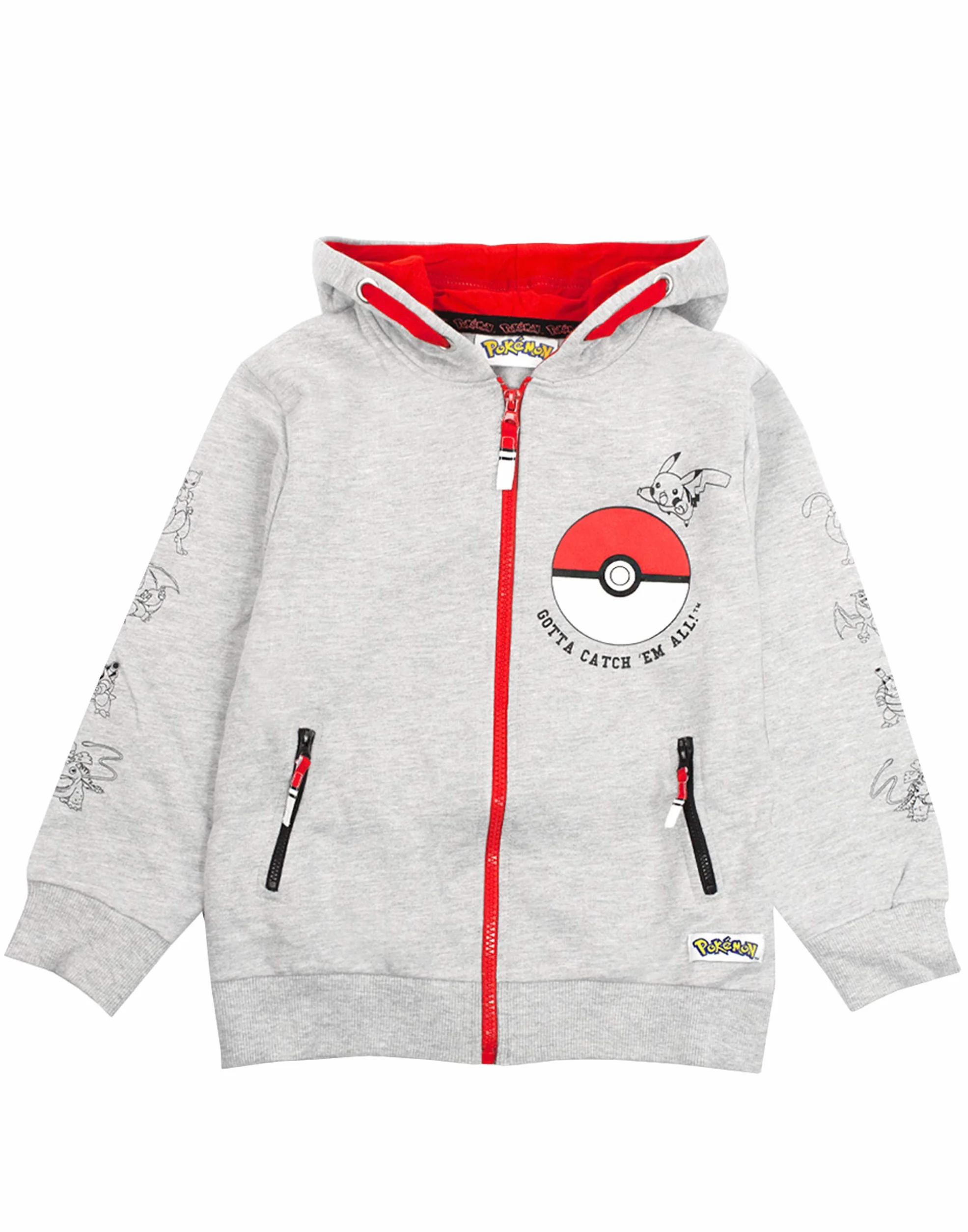Pokemon chłopięca bluza z kapturem | Dziecięca bluza z kapturem Pokeball Gotta Catch Em All | Pikachu szaro-czerwona bluza dla dzieci | długi rękaw, bluza z kapturem i kieszenie