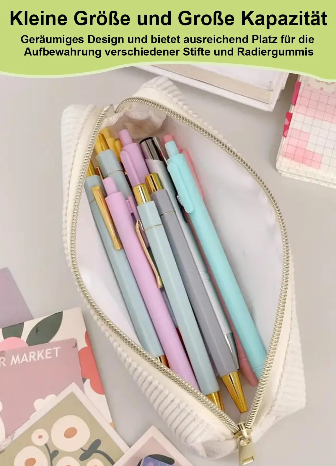 Piórnik ze sztruksu, Piórnik, Przenośny piórnik szkolny Pencil Case, Duża pojemność piórnik z praktycznym zamkiem błyskawicznym, dla nastolatków szkoła, biuro (Beżowy)