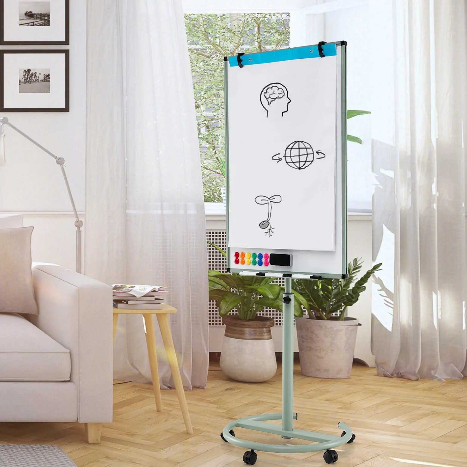 GIANTEX Stojak na flipchart 100 x 65 cm, mobilna tablica suchościeralna z nóżką na rolki, z regulacją wysokości i magnetyczną tablicą suchościeralną z półką na długopisy, zmywalna na sucho (zielony)