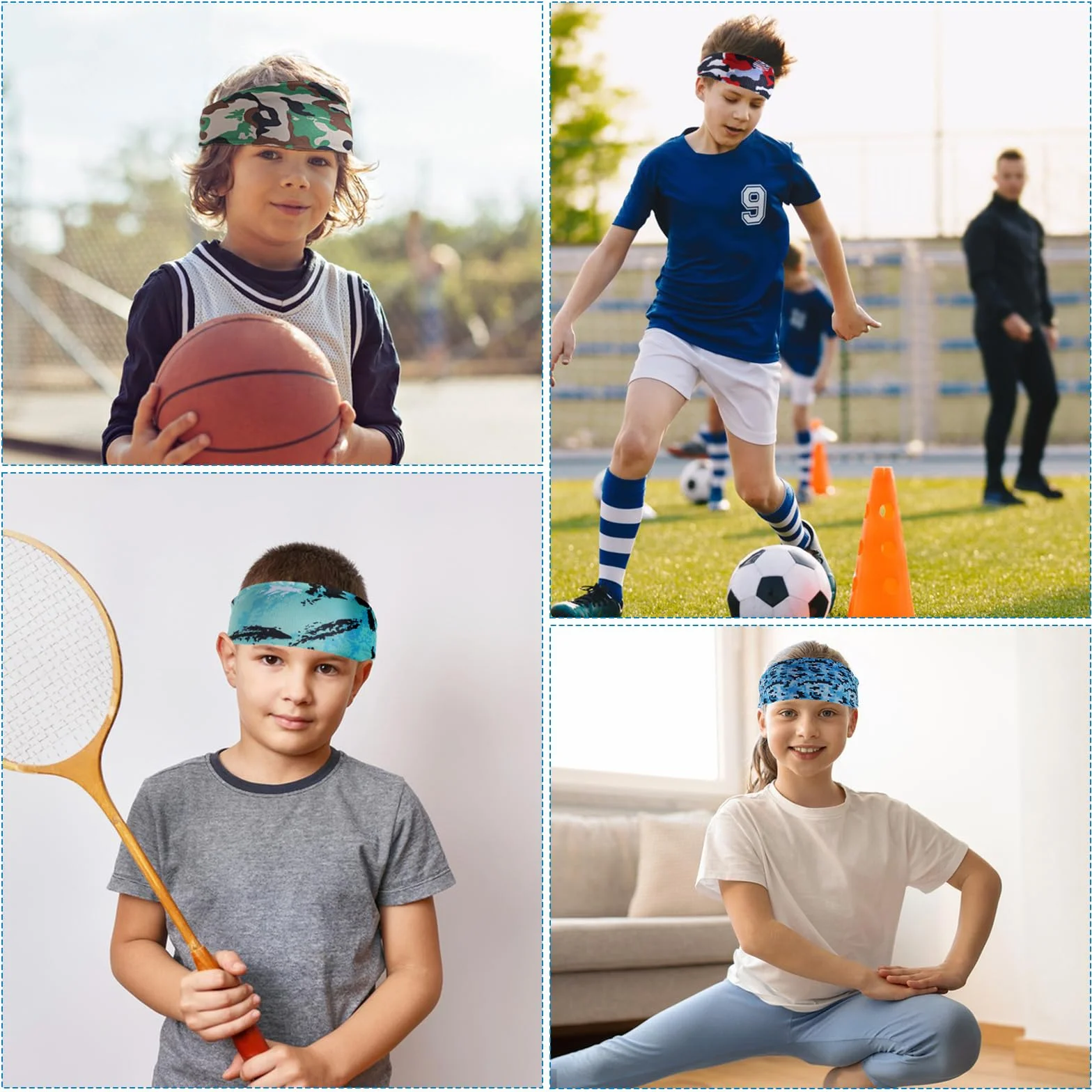 8 sztuk sportowych opasek na głowę dla chłopców, oddychające, elastyczne, sportowe opaski przeciwpotne, antypoślizgowe opaski na głowę dla dzieci, kamuflażowe opaski piłkarskie do piłki nożnej,