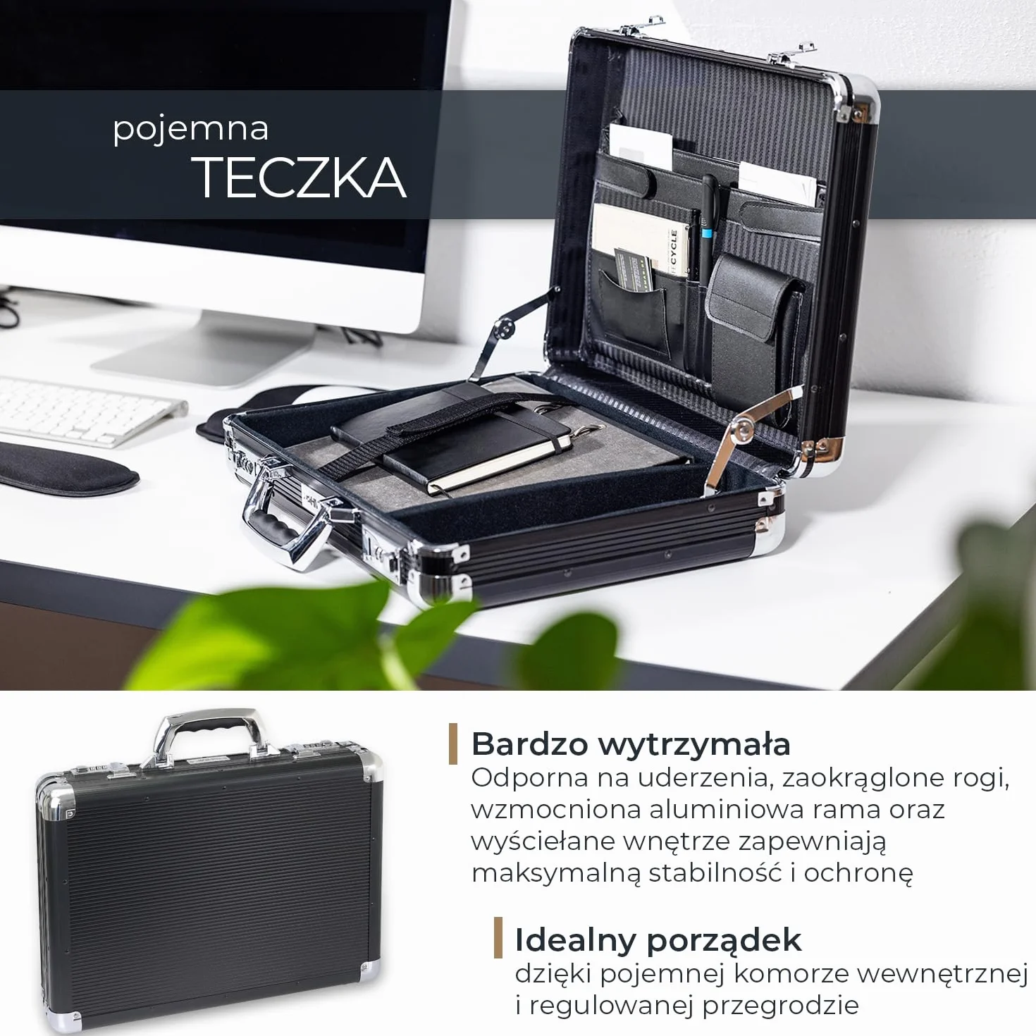 HMF 14651-02 Aluminiowa walizka męska z kłódką szyfrową czarna 45 x 33 x 11 cm