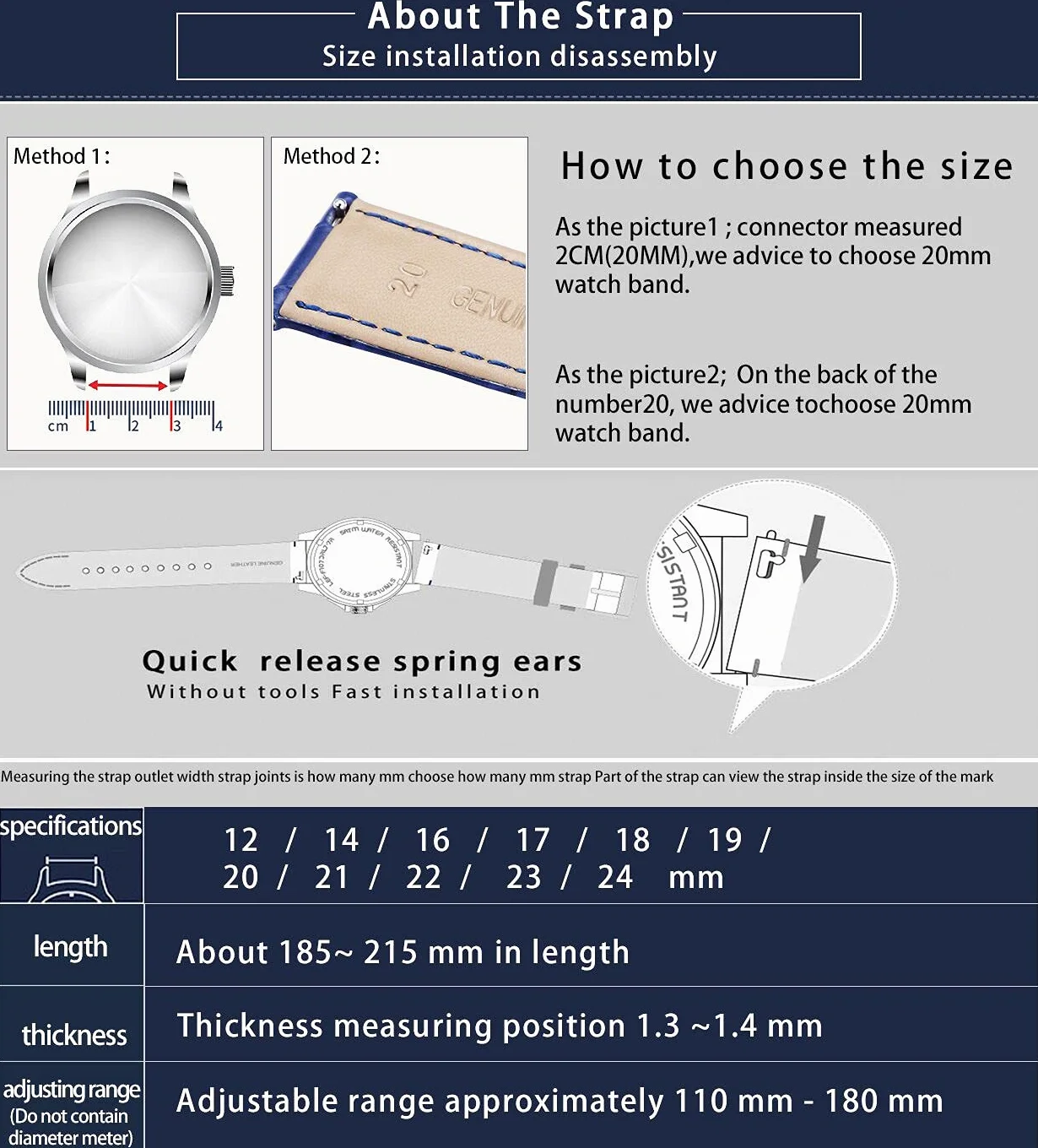 BINLUN Skórzana bransoletka ze wzorem krokodyla dla mężczyzn, kobiet 10 kolorów (12 mm, 14 mm, 16 mm, 17 mm, 18 mm, 19 mm, 20 mm, 21 mm, 22 mm, 23 mm, 24 mm)