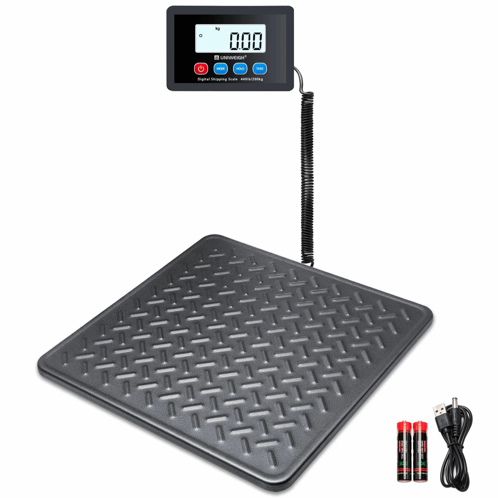 UNIWEIGH Wagi pocztowe, 199.6 kg x 10 g Cyfrowa waga pocztowa, trwała platforma ze stali stopowej, wagi do dużych obciążeń do pakietów/magazynów/bagażu, waga paczkowa z funkcją LCD/Hold/Tare, baterie