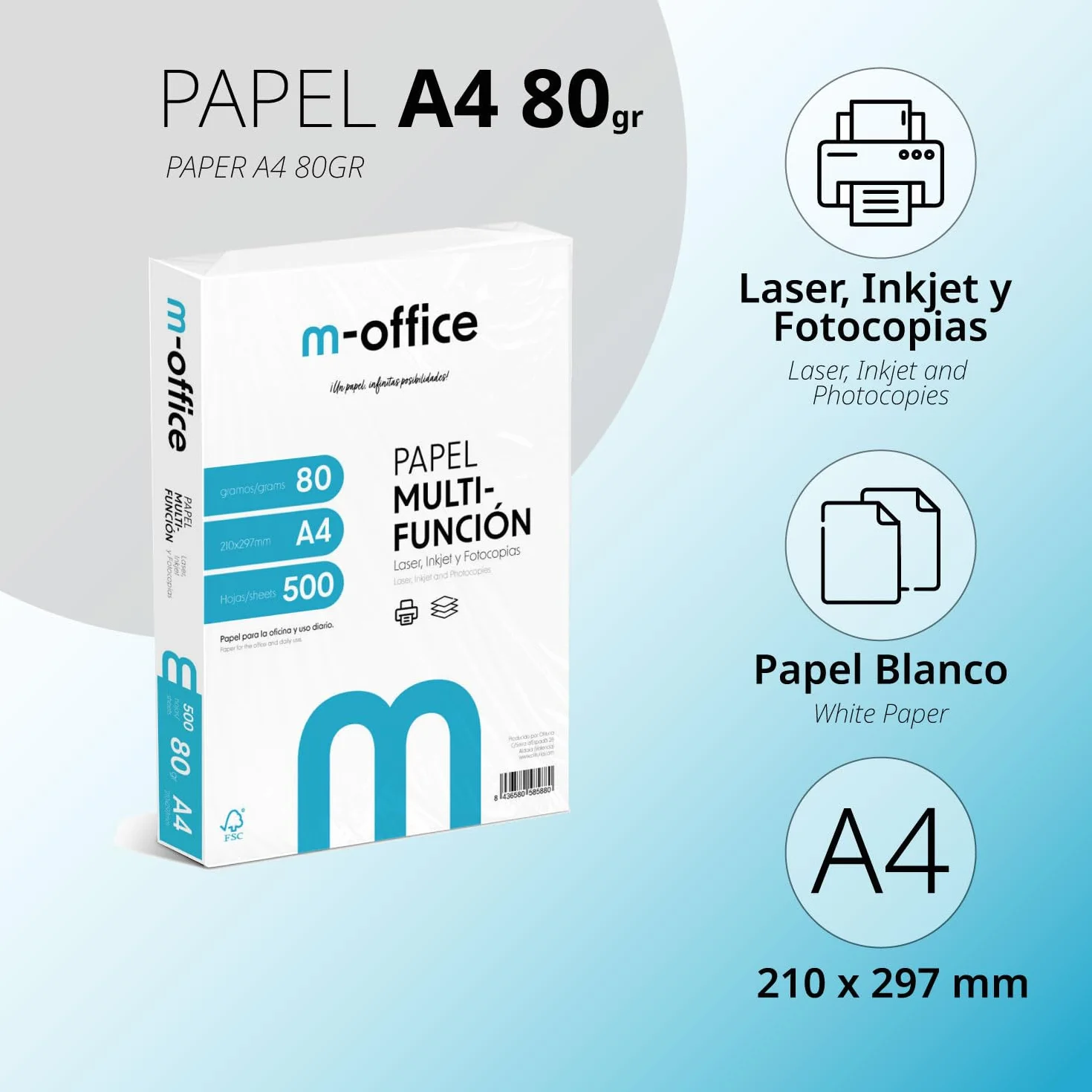 Pakiet Folios A4 80gr, pakiet 500 arkuszy, papier wielofunkcyjny do drukarek atramentowych i laserowych, arkusze A4 210 x 297 mm idealne do biura domowego · m-office (500 arkuszy)
