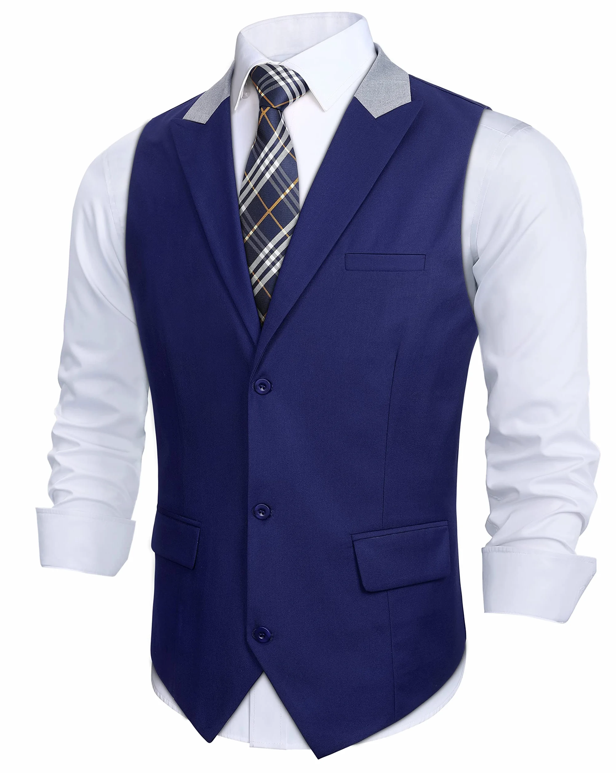 HISDERN Męska kamizelka bez rękawów, klasyczna kamizelka z formalnym klapą z 3 kieszeniami na Boże Narodzenie ślub, XS-4XL