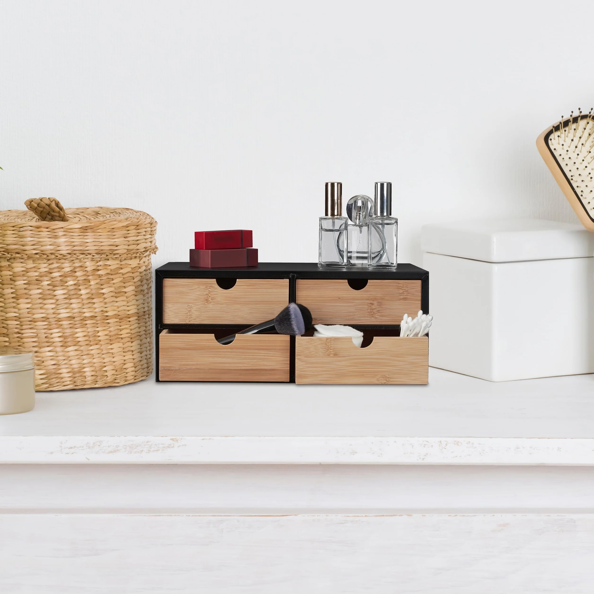 Relaxdays Organizer na biurko, 4 szuflady, bambus i MDF, organizer na biurko, wys. x gł.: 13,5 x 33 x 21 cm, naturalny/czarny