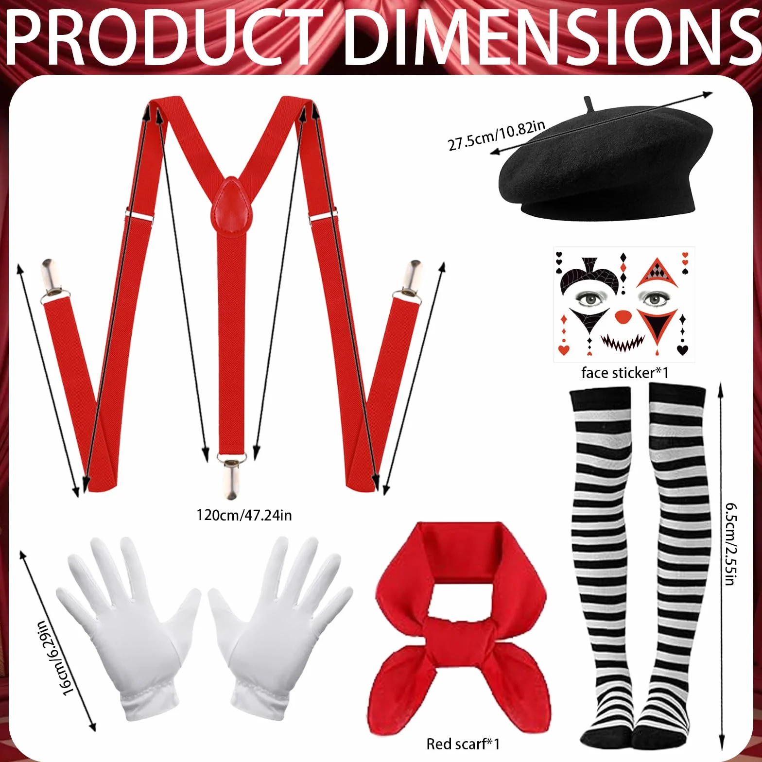 LUKIUP Kostium damski z cyrkiem, na Halloween, 5 sztuk, kostium klauna z beretem, szalikiem, rękawiczkami, skarpetkami i szelkami, kostium klauna na Halloween, karnawał, imprezę Cosplay