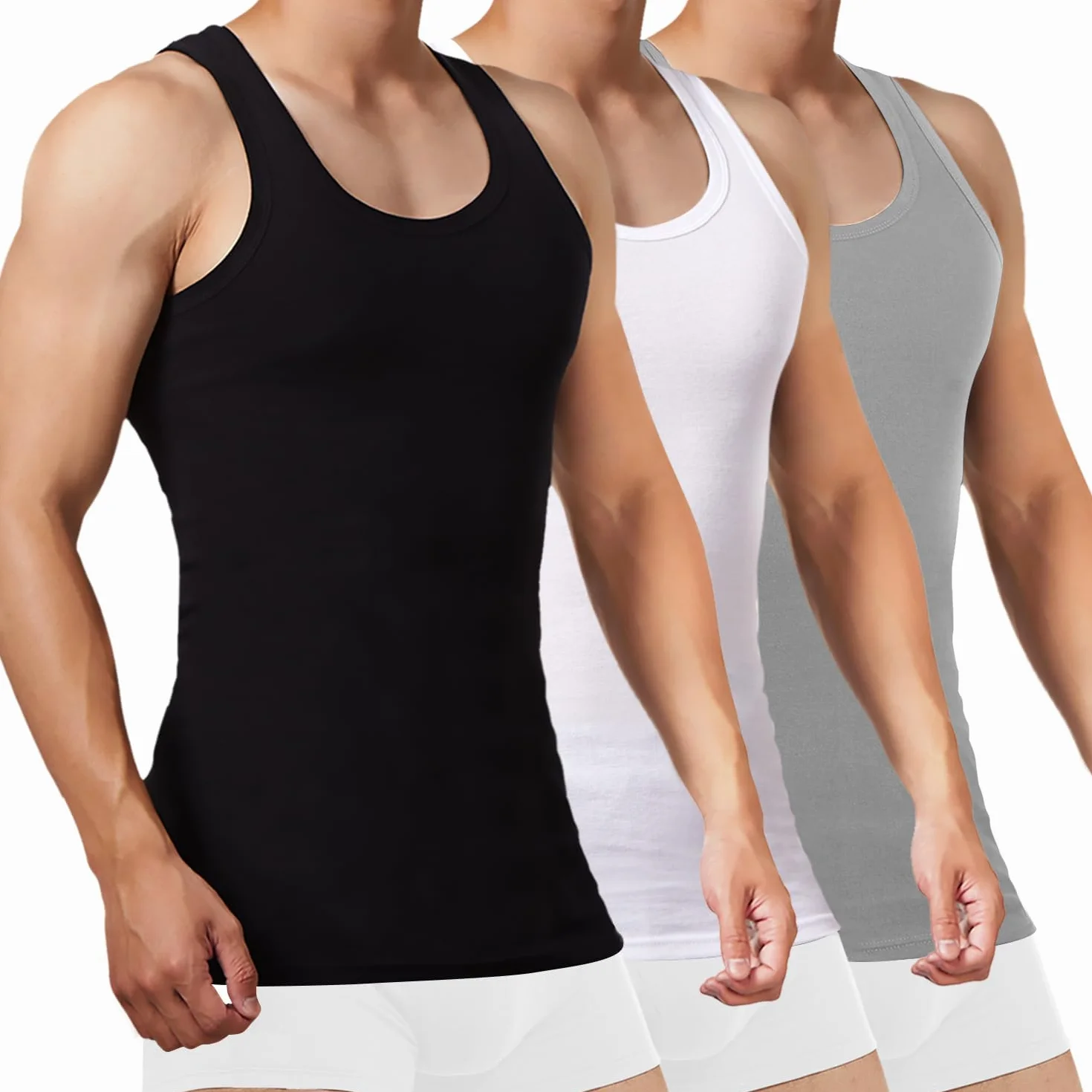 FALARY Podkoszulek męski, tank top, 3 sztuki, 100% bawełna, tanktop z drobnymi prążkami, bez rękawów, koszulka z mięśniami, męska koszulka sportowa