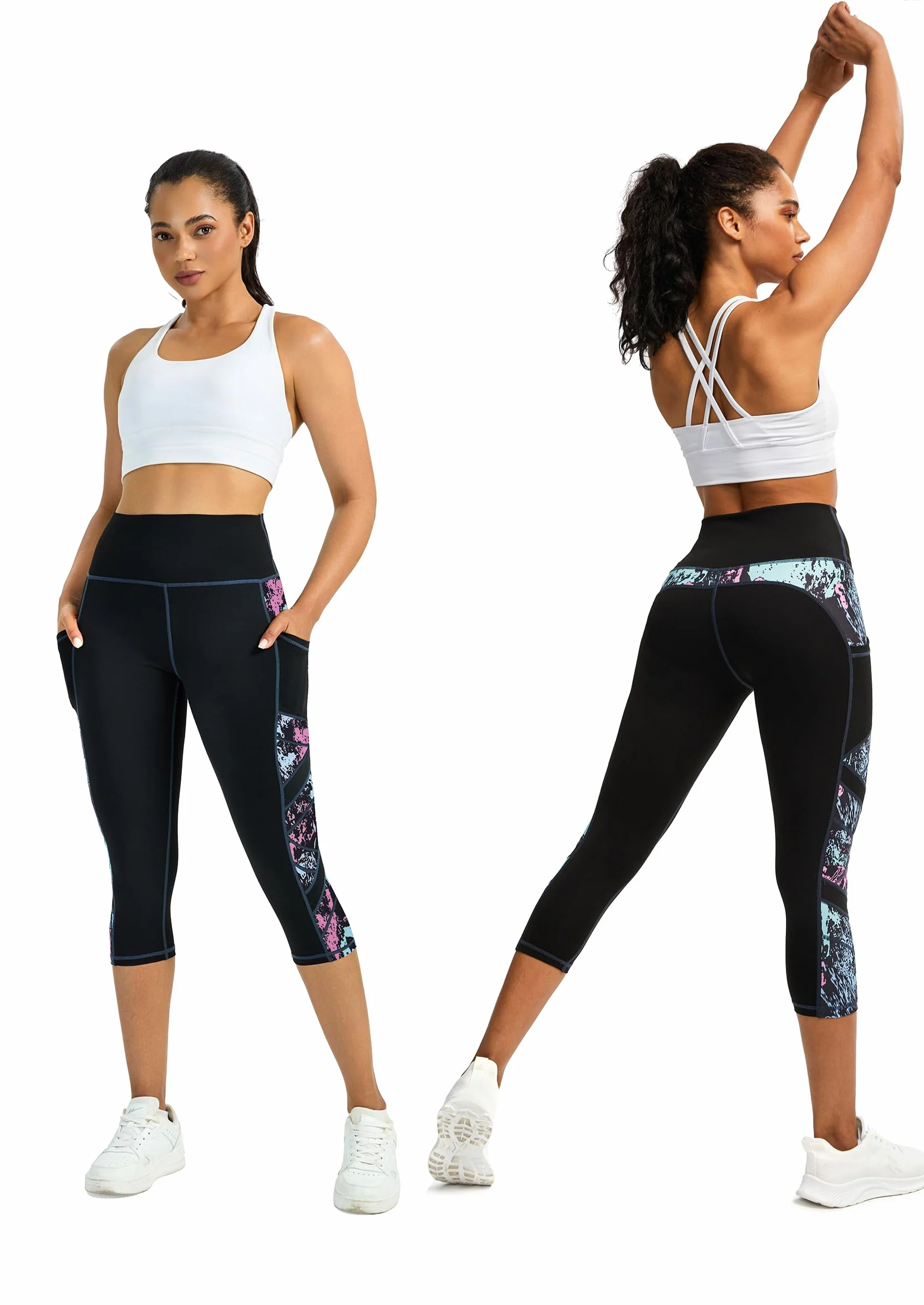 Sportowe legginsy damskie, wysoka talia, elastyczne spodnie sportowe, wyszczuplające brzuch, damskie długie legginsy slim fit, spodnie sportowe damskie 3/4, legginsy sportowe 3/4, legginsy damskie