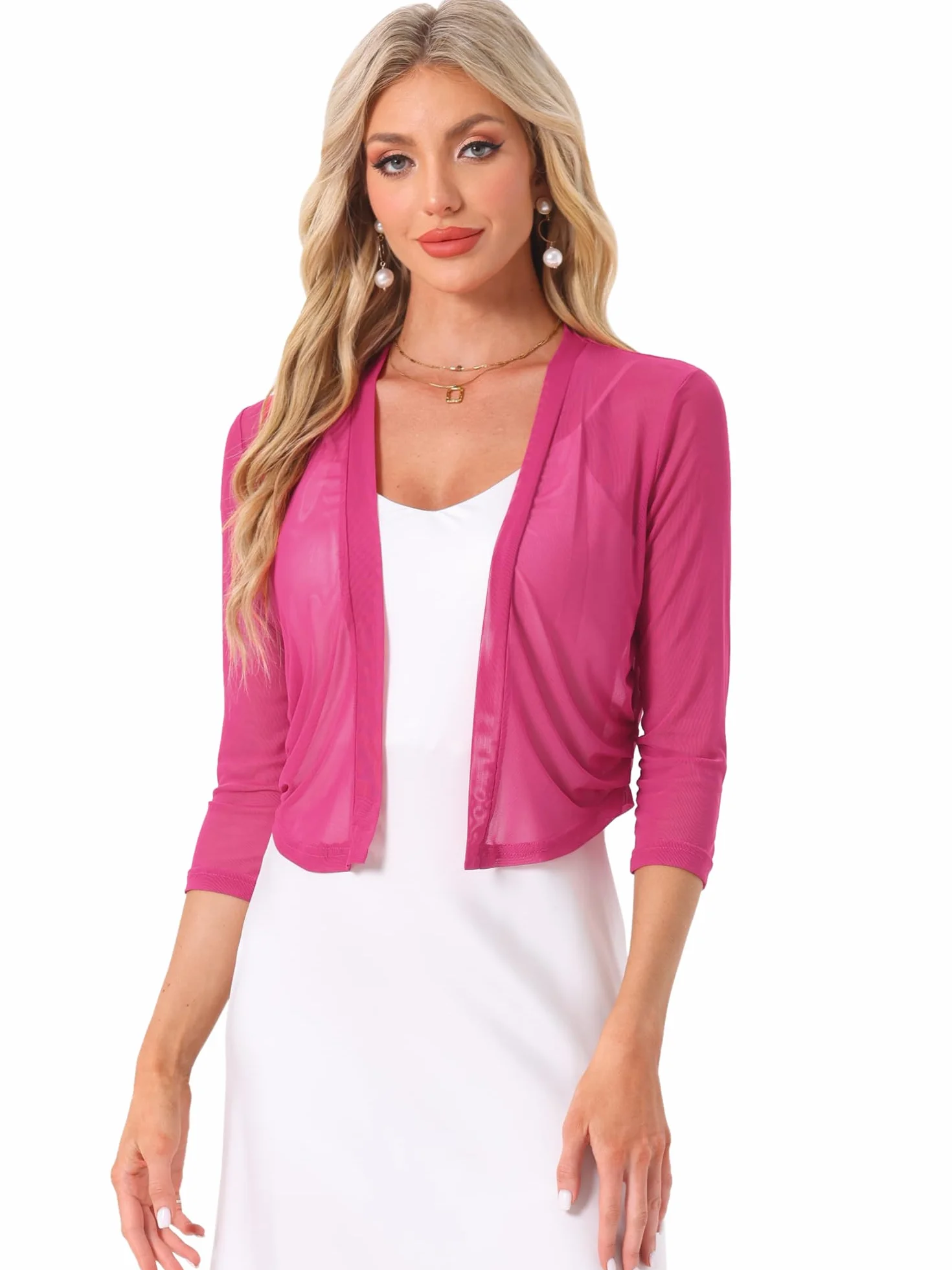 Allegra K Sheer Mesh Bolero Shrug dla kobiet elegancki rękaw 3/4 lekki przycięty kardigan