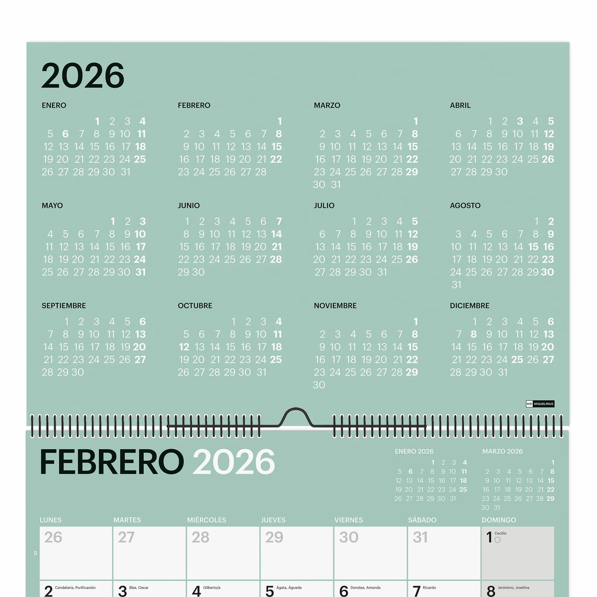 Miquelrius - Kalendarz ścienny 2026 Chromat, organizer na roczny A3: 420 x 296 mm, miejsce do zapisywania, podwójna spirala, 9 kolorów wewnętrznych, planer 12 miesięcy, hiszpański