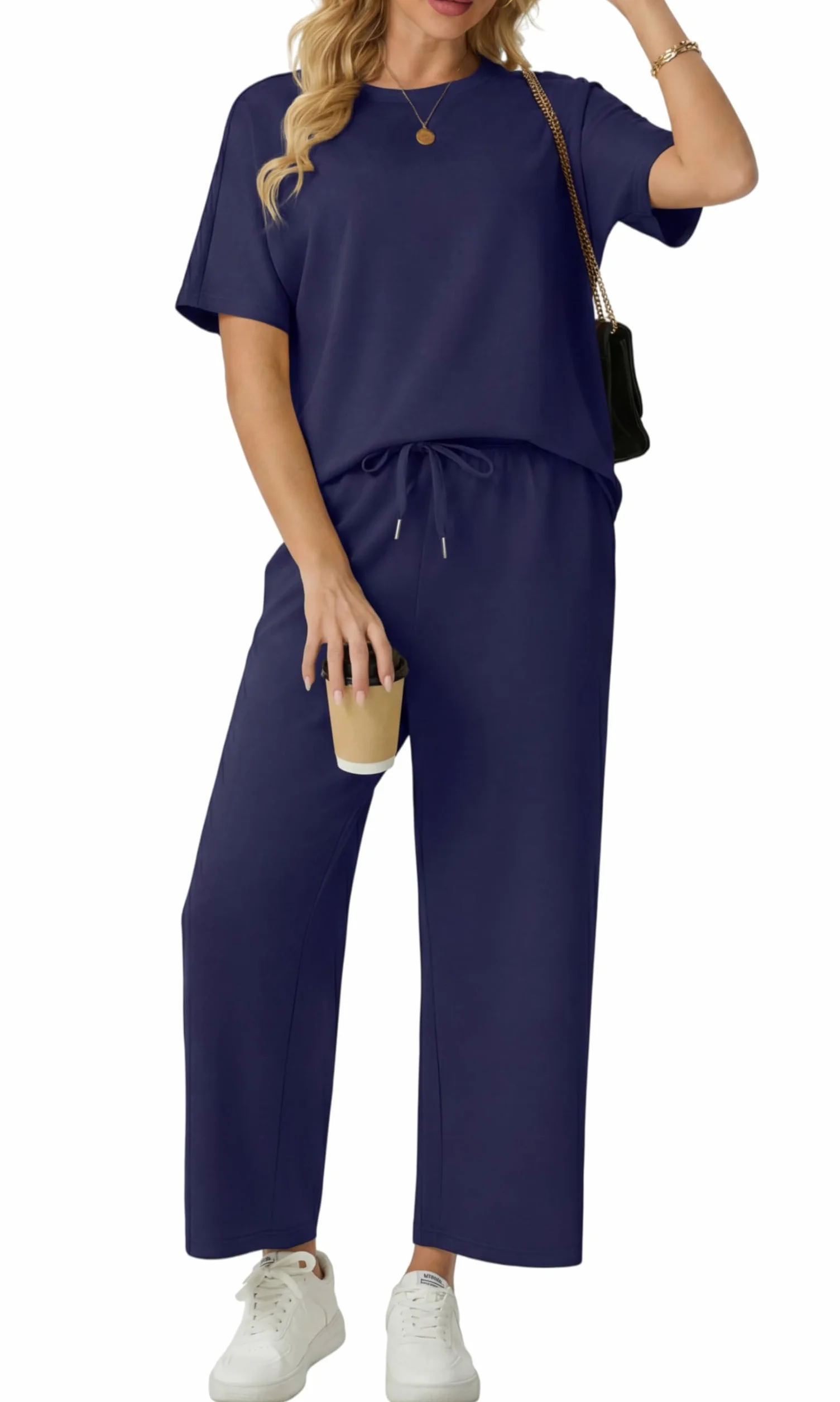 GRECERELLE Dres do joggingu, dwuczęściowy, damski, letni dres treningowy, strój z krótkim rękawem, luźny, okrągły dekolt, t-shirty i szerokie spodnie do biegania, dres treningowy z kieszeniami