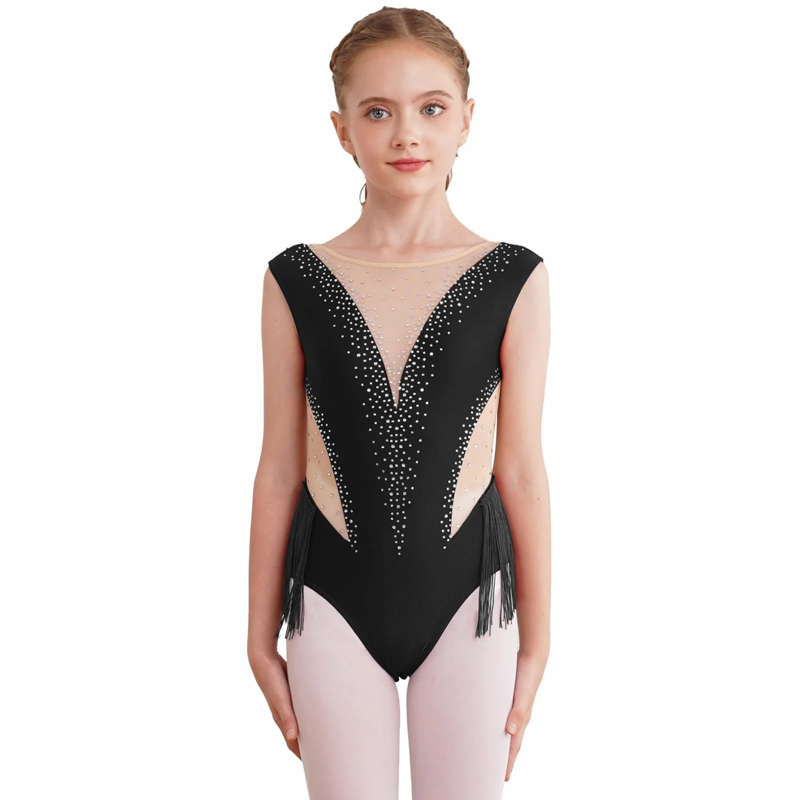 Oyolan Dziecko Dziewczyna Trykot Gimnastyka Łyżwiarstwo Taniec Latynoski Leotard Bez rękawów Rhinestone Pogrubiony Kostium 5-16 lat