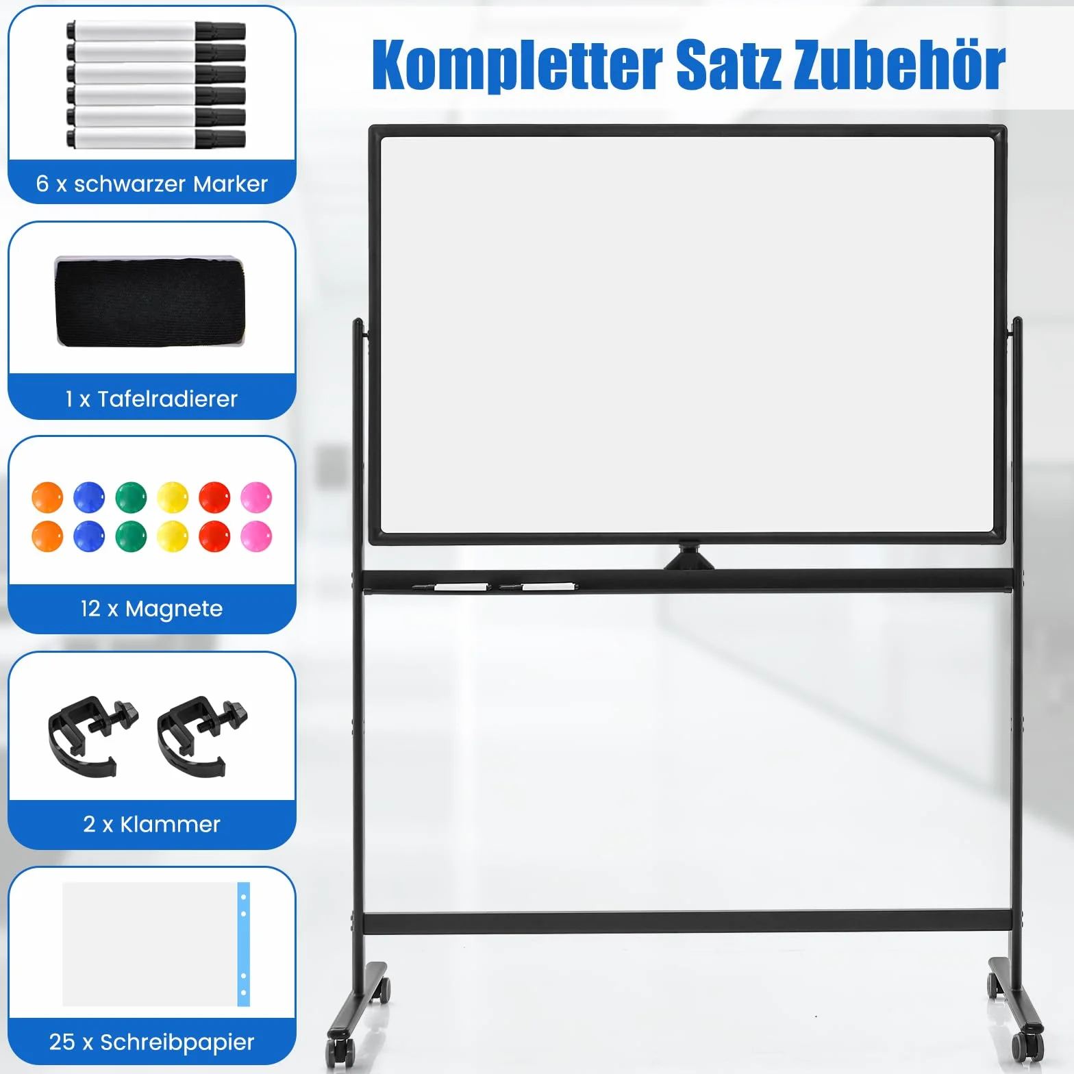 COSTWAY Dwustronna przenośna tablica suchościeralna, 120 x 80 cm, magnetyczna tablica suchościeralna z kółkami, stojakiem i półką na długopisy, w zestawie akcesoria do szkoły, biura, domu