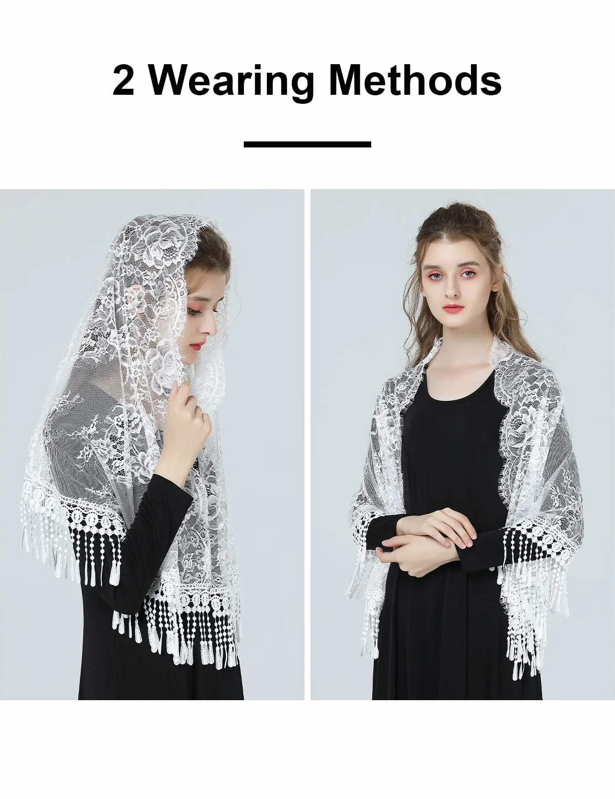 BEAUTELICATE Mantilla V118 koronkowy szal katolicki welon etola z frędzlami czarno-biały dla kobiet na targach łacińskich kaplica kościelne wesele