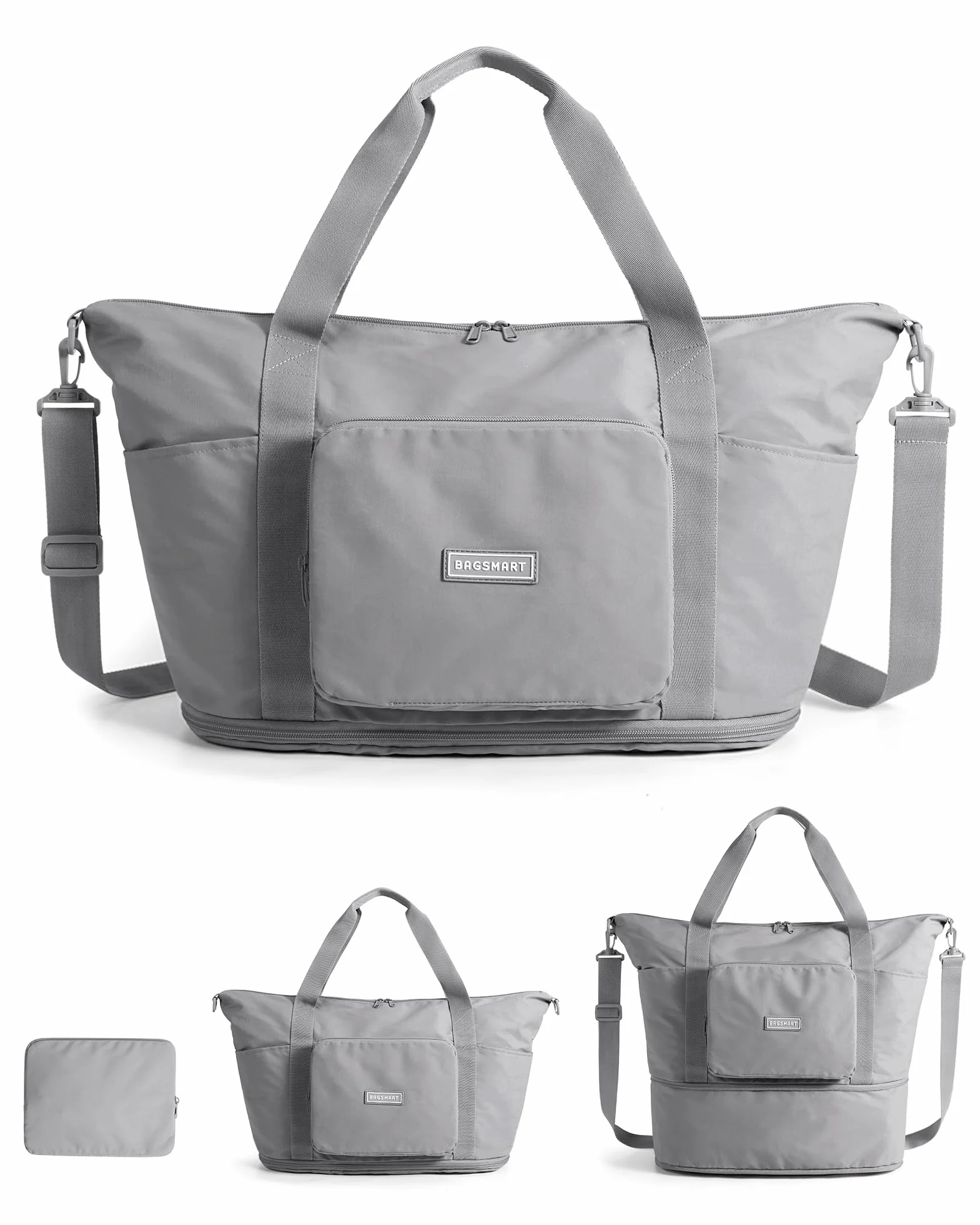 BAGSMART Składana torba podróżna, damska, 27 l (maksymalnie 40 litrów), torba sportowa, bagaż podręczny, wodoszczelna torba podróżna, torba treningowa, torba do uprawiania sportu i podróży, szary