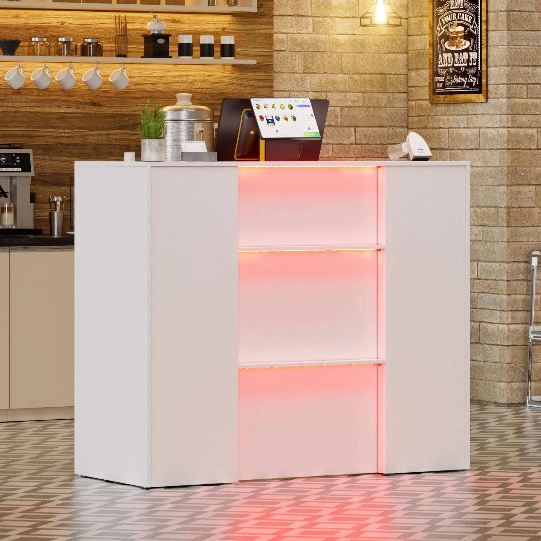 Lada recepcyjna z diodami LED, lada sprzedażowa 120 cm x 100 cm x 50 cm z zamykanymi szufladami i półkami, lada recepcyjna z dużą powierzchnią roboczą, lada recepcyjna do biura, salonu, sklepu lub