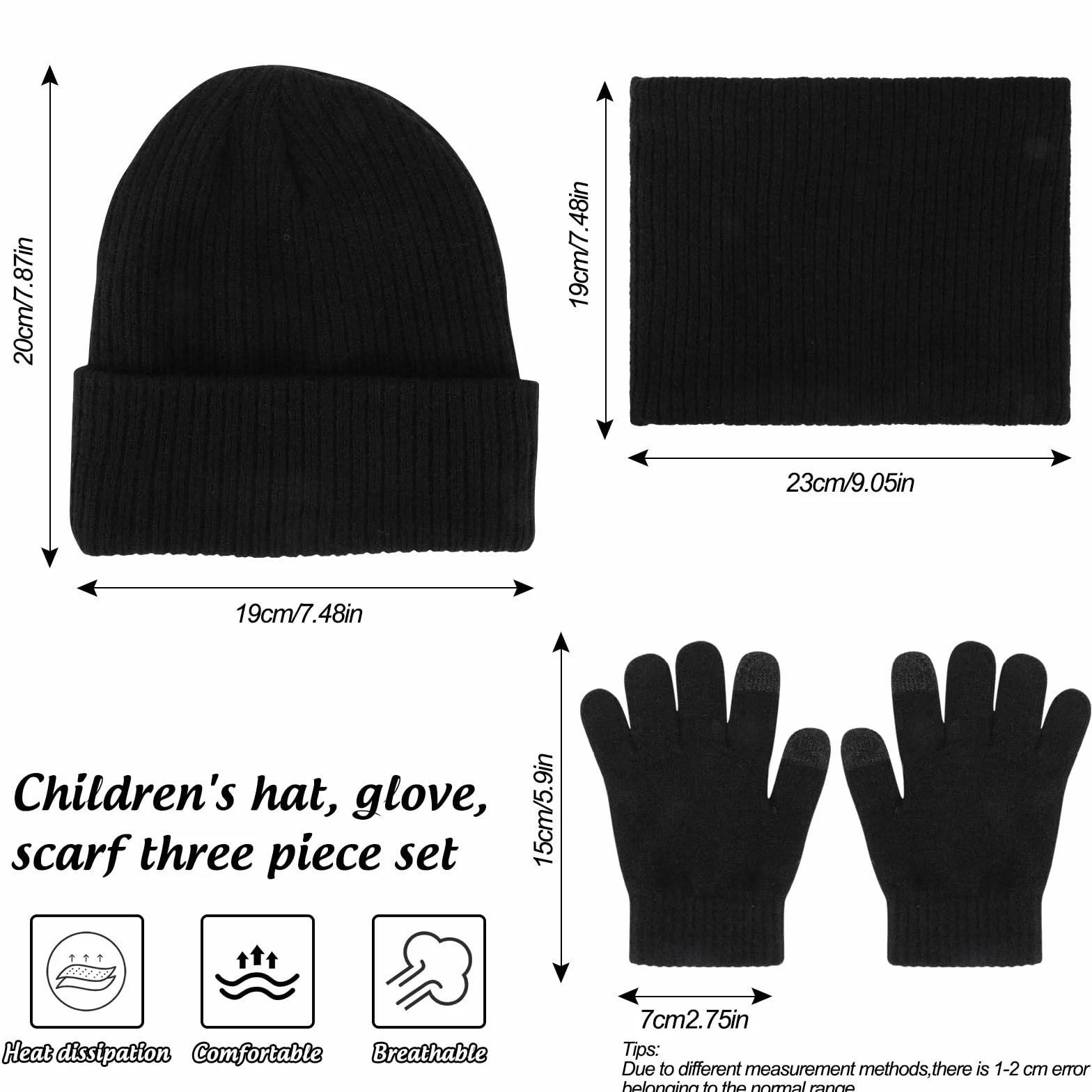 QKURT Dziecięca czapka beanie, szalik, rękawica, dziecięca zimowa czapka termiczna ocieplacz na szyję rękawiczki do ekranu dotykowego miękki ciepły kapelusz szalik rękawica kolorowa dla 5-10 lat