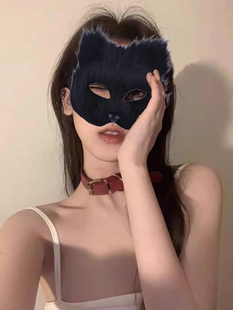 Ogon Teriana maska z ogonem therian maska na koty maska na lisa maska futrzana maska z ogonem półmaska na twarzy do cosplayu na nietypowe przyjęcia w kolorze czarnym, czarny, Erwachsene