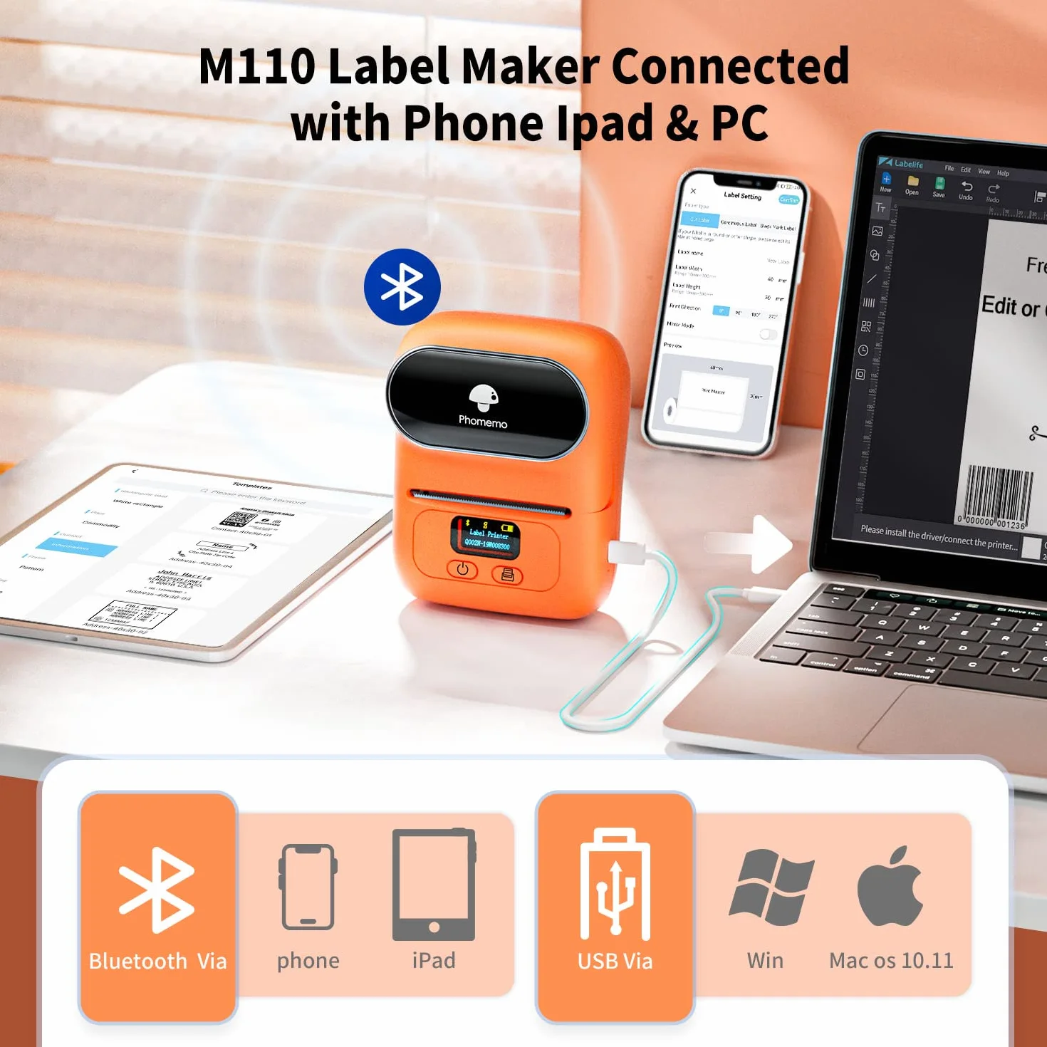 Phomemo M110 drukarka etykiet Bluetooth, przenośne urządzenie do etykiet, samoprzylepne, z 3 rolkami etykiet, do sprzedaży detalicznej, biura i małych firm, kolor pomarańczowy