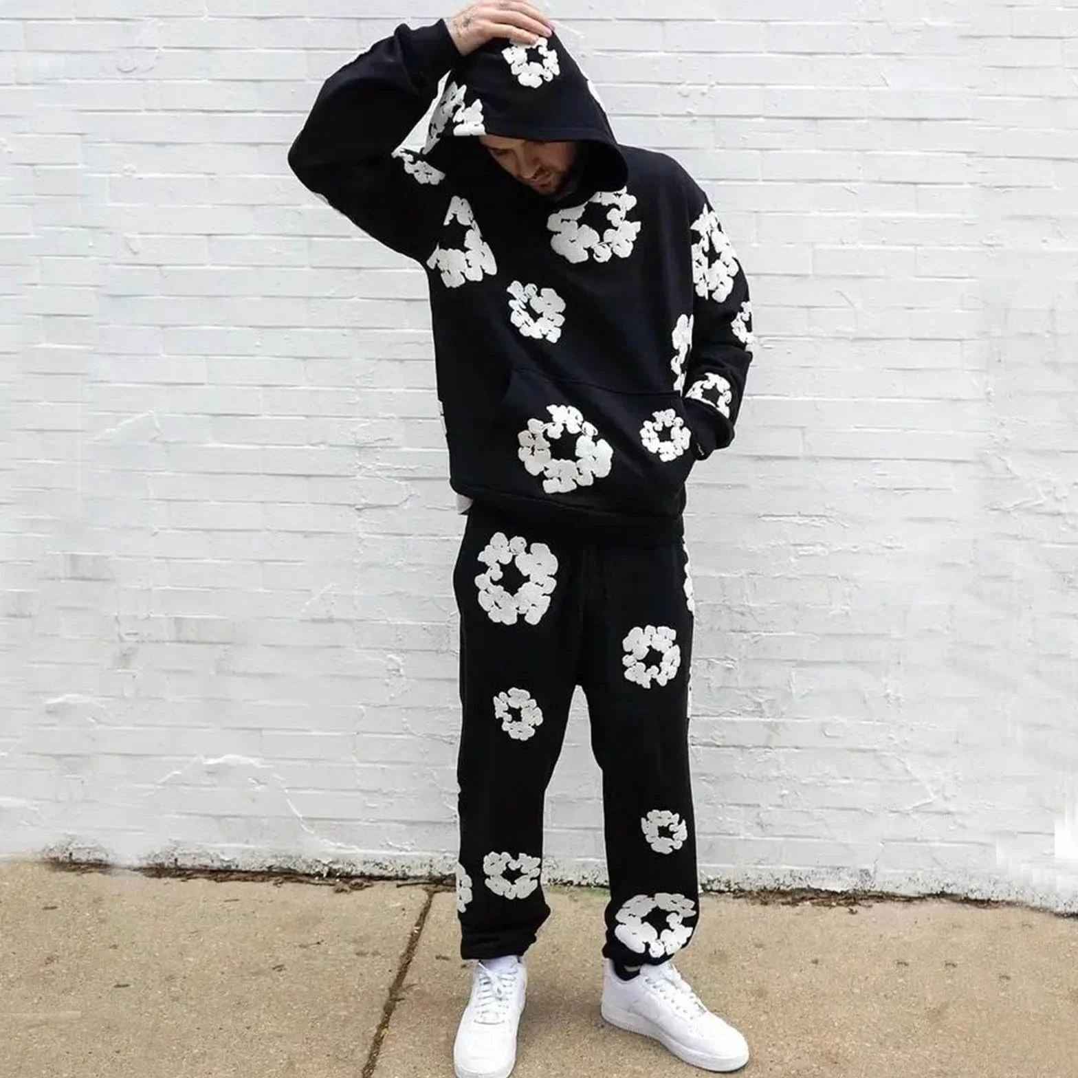 Generisch Męski dres do joggingu, z nadrukiem piankowym, Y2K, bluza z kapturem, 2-częściowy strój domowy, zimowy hip hop, streetwear, zestaw z kapturem i spodniami, modny, luźny dres treningowy dla