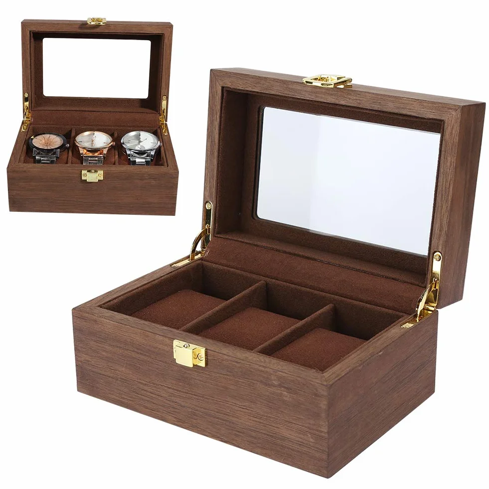 ZJchao Drewniany organizer do przechowywania zegarków, pudełko z czarnego orzecha z przezroczystą pokrywką, pudełko na 3 zegarki, eleganckie etui do przechowywania, trwały stojak na zegarki.