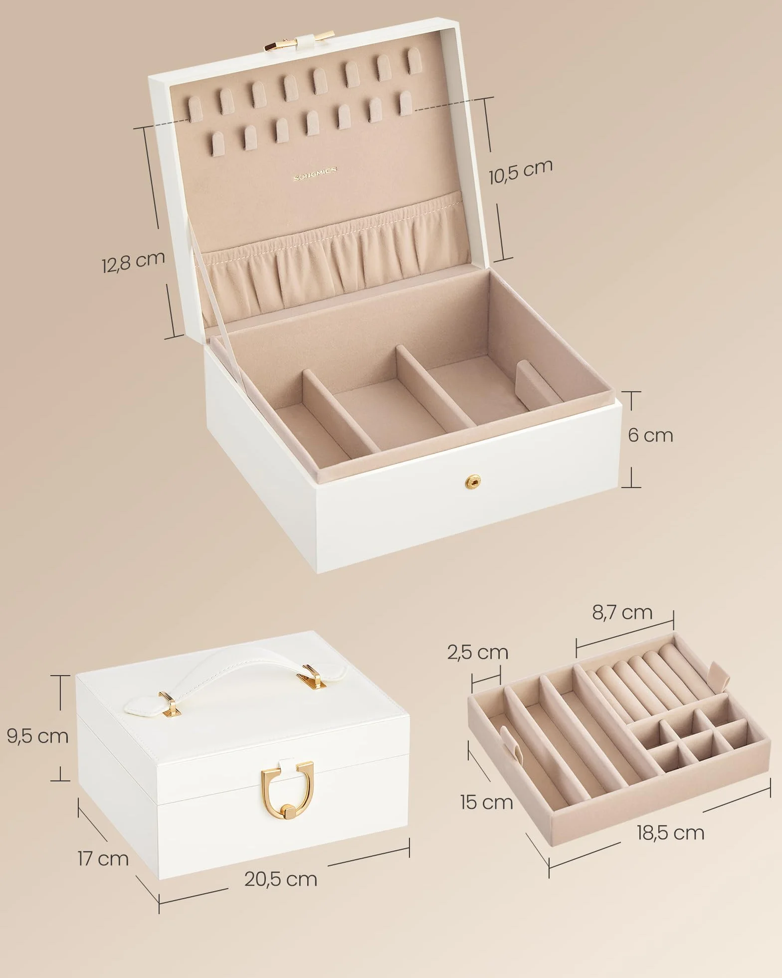 SONGMICS Szkatułka na biżuterię, 2 poziomy, do przechowywania biżuterii, z wyjmowaną tacką na biżuterię, uchwyt, na naszyjniki, kolczyki, 17 x 20,5 x 9,5 cm, pomysł na prezent, kremowo-biały