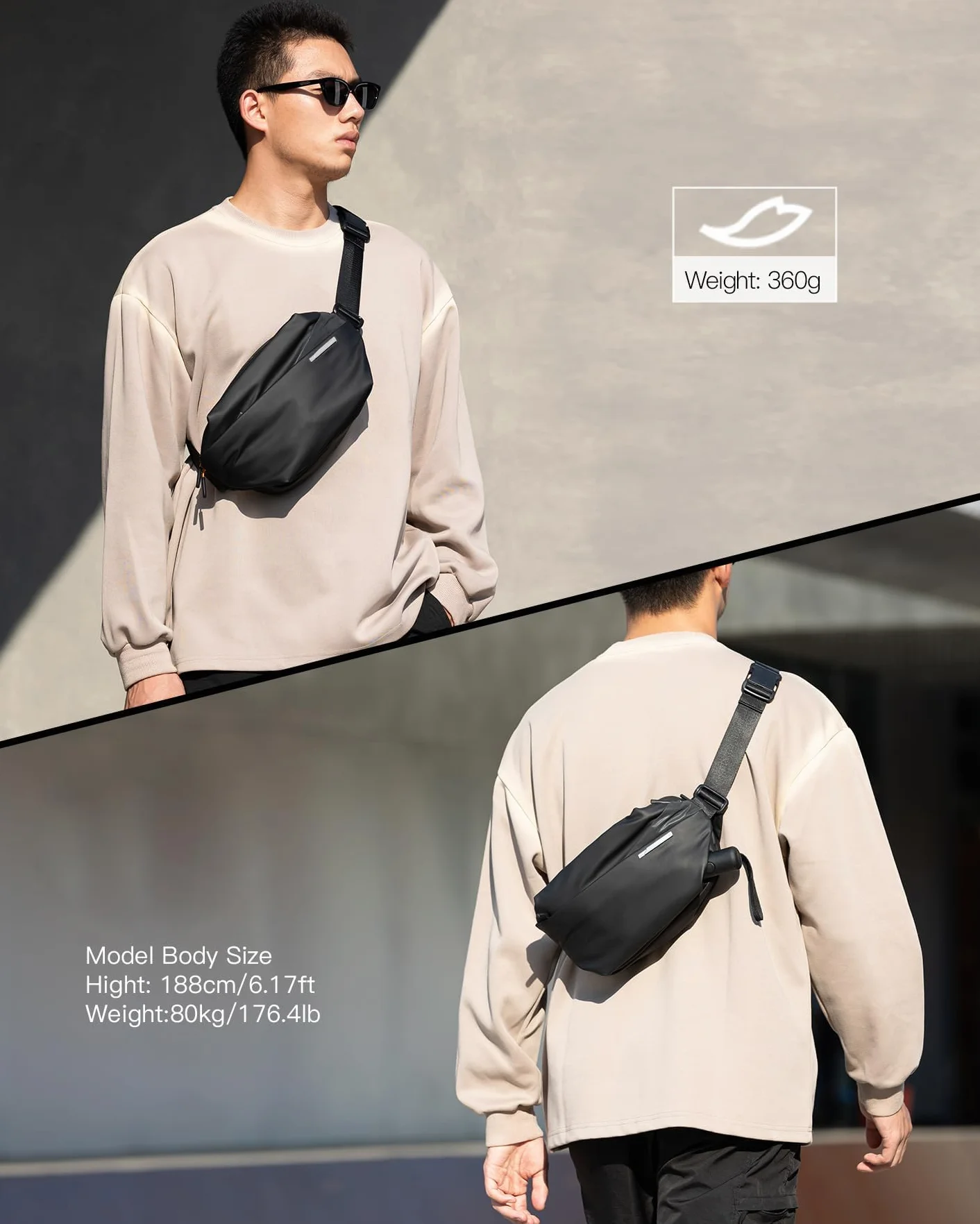 Inateck Torba na ramię, stylowa torba crossbody z regulowanym paskiem na ramię, odporna na zachlapanie torba na klatkę piersiową dla mężczyzn i kobiet, wielofunkcyjna saszetka na podróż, siłownię, do