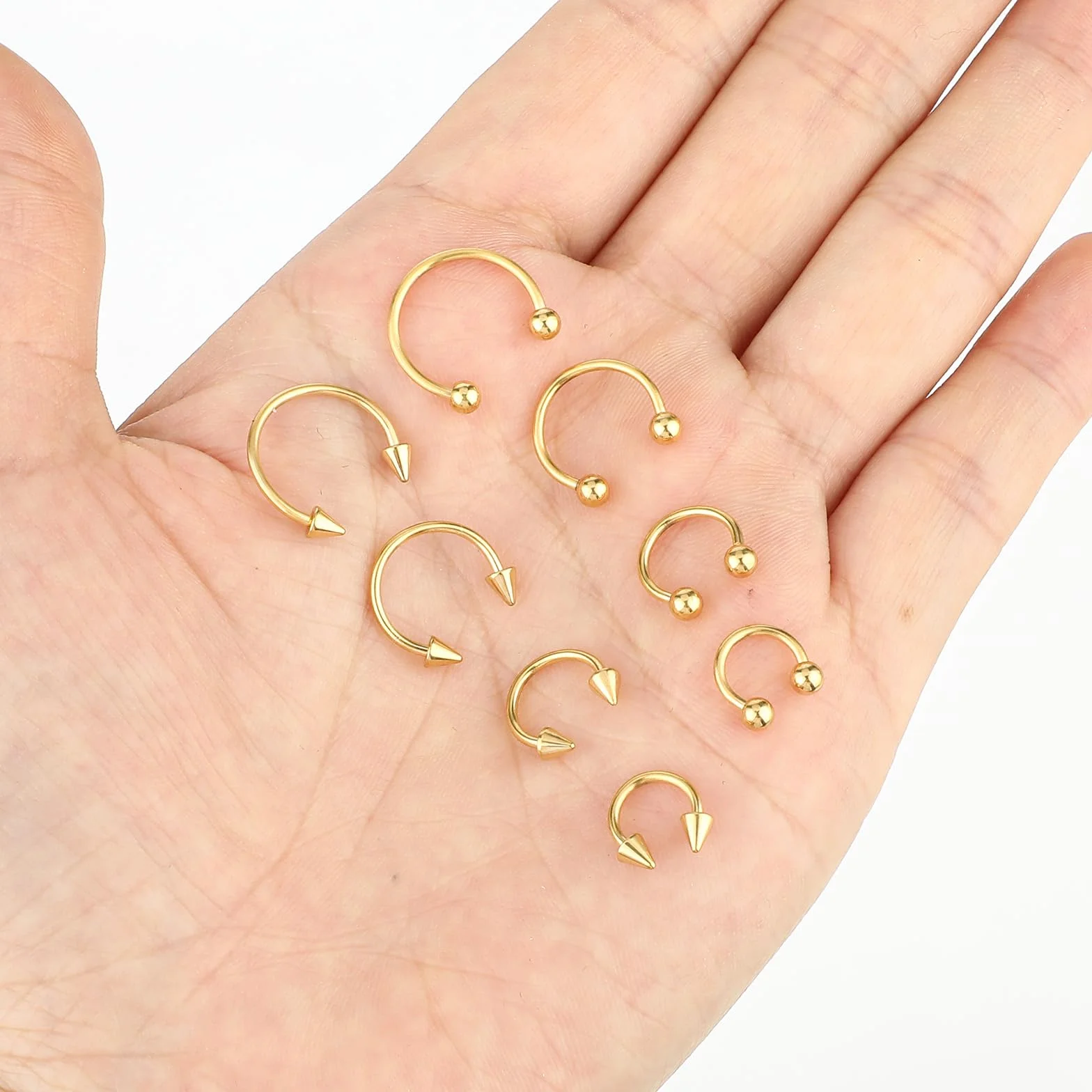 Yolev 8 sztuk kolczyków do piercingu w kształcie podkowy, 16 g, stal chirurgiczna, kolczyk do przegrody nosowej, piercing septum, złoty, kolczyki do nosa, piercing ust, pierścionki do brwi, kolczyki