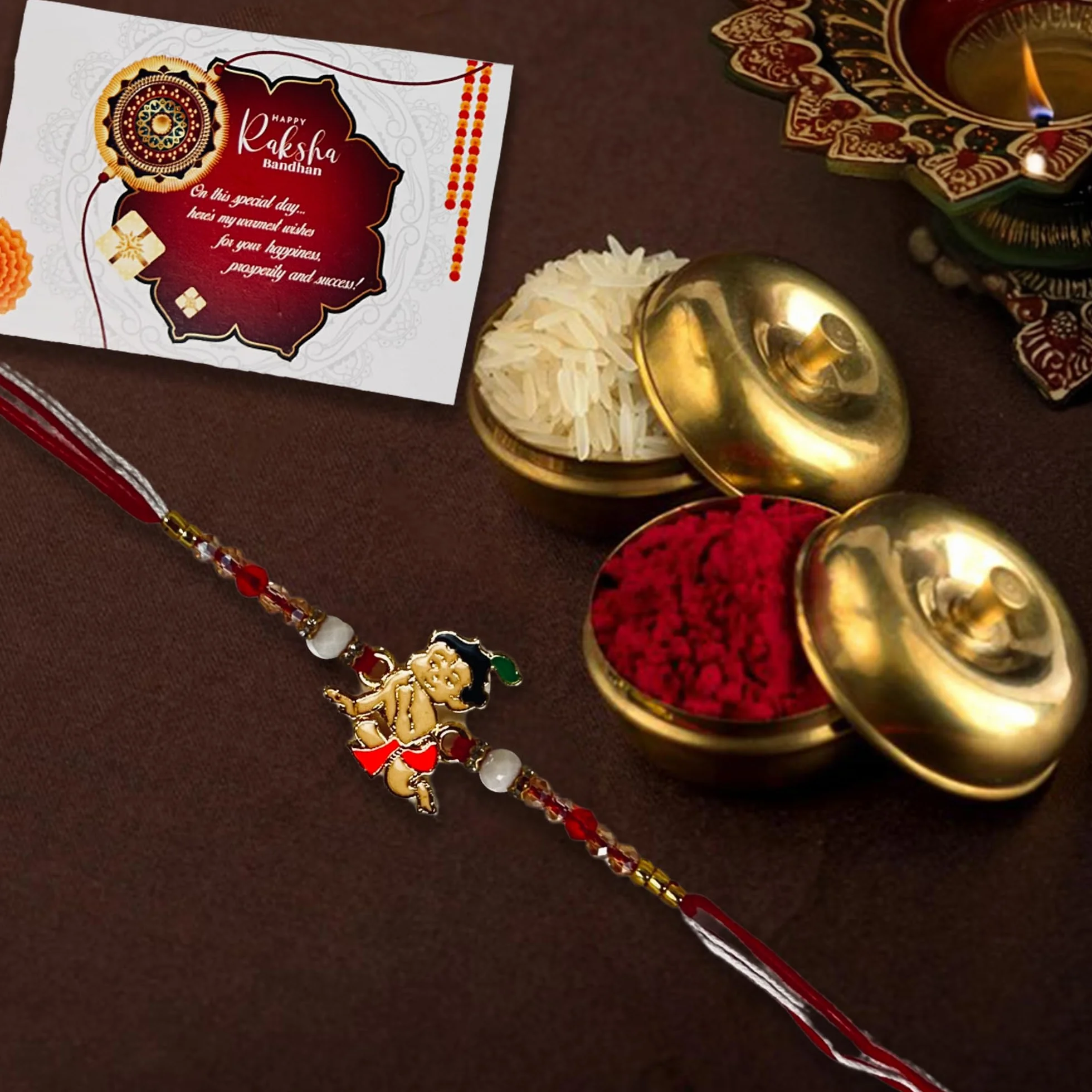 Dzieci Rakhi i postać z kreskówki, designerskie metalowe rakhi z Roli Chawal + kartka z życzeniami zestaw 3 sztuk, M, bez kamieni szlachetnych, Medium, Bez kamienia szlachetnego