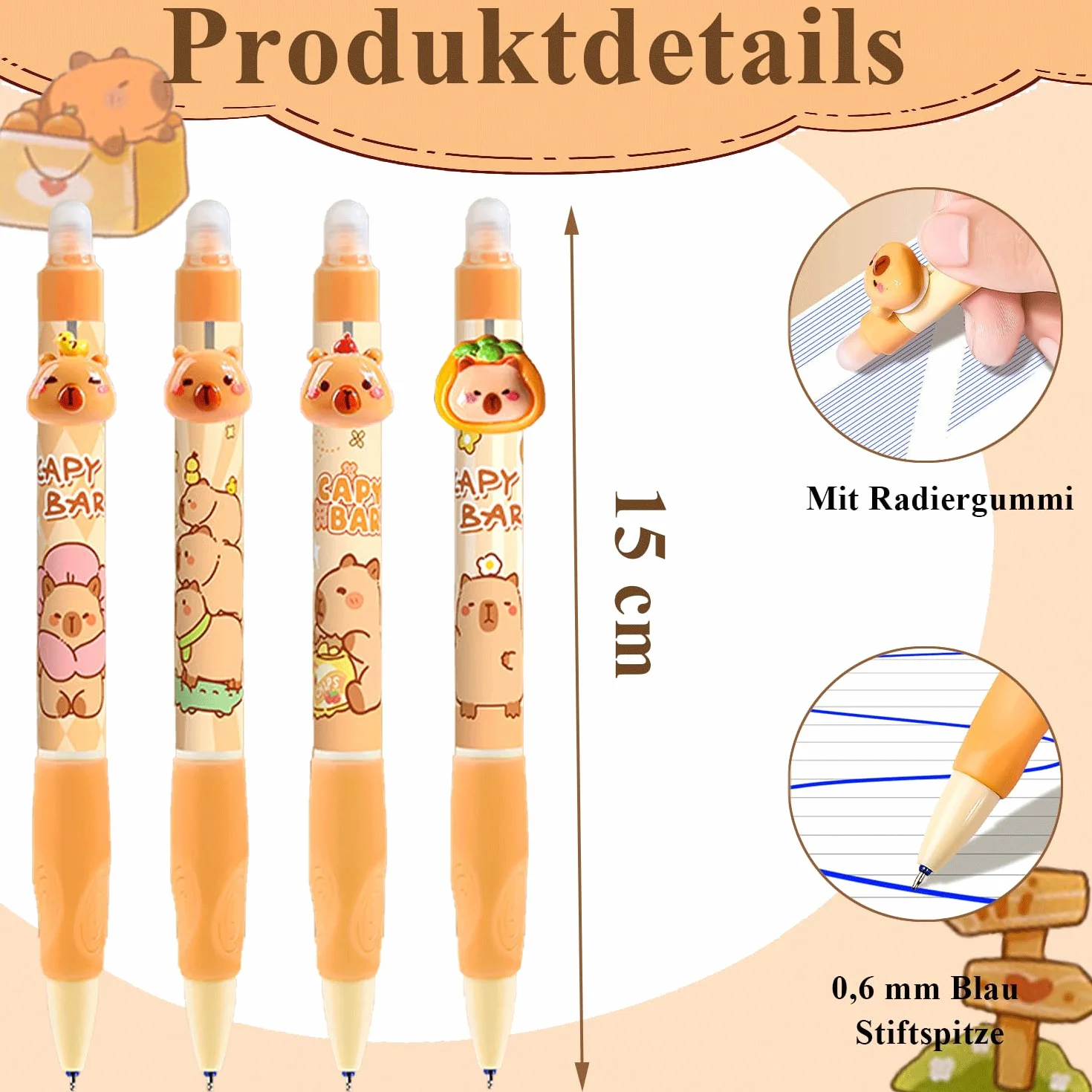 LEMONSTONE Capybara zestaw 4 długopisów, niebieski, z 6 arkuszami naklejek i 2 zakładkami, zestaw Capibara gumka do ścierania, do szkoły, biura (Capybara)
