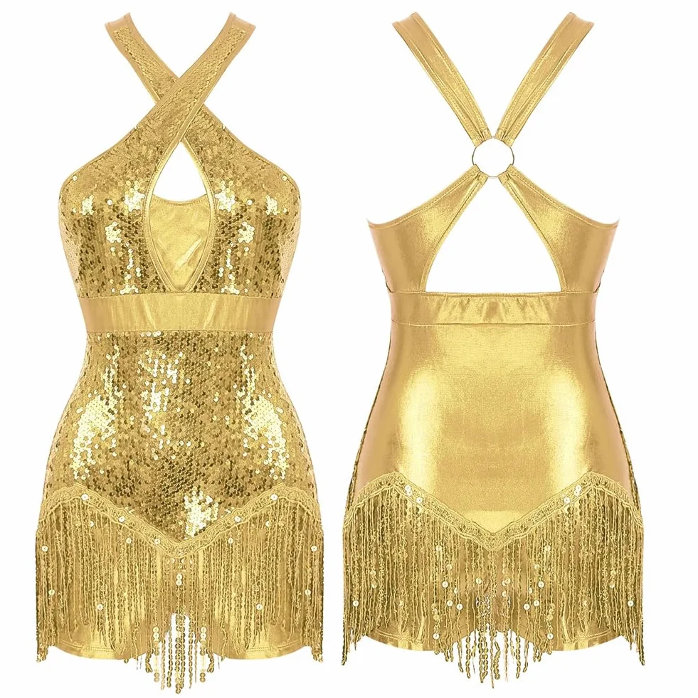 Damska sukienka do tańca latynoskiego Ballroom Tango Rumba Cha Cha Samba Dancewear Cekinowy Trykot z frędzlami