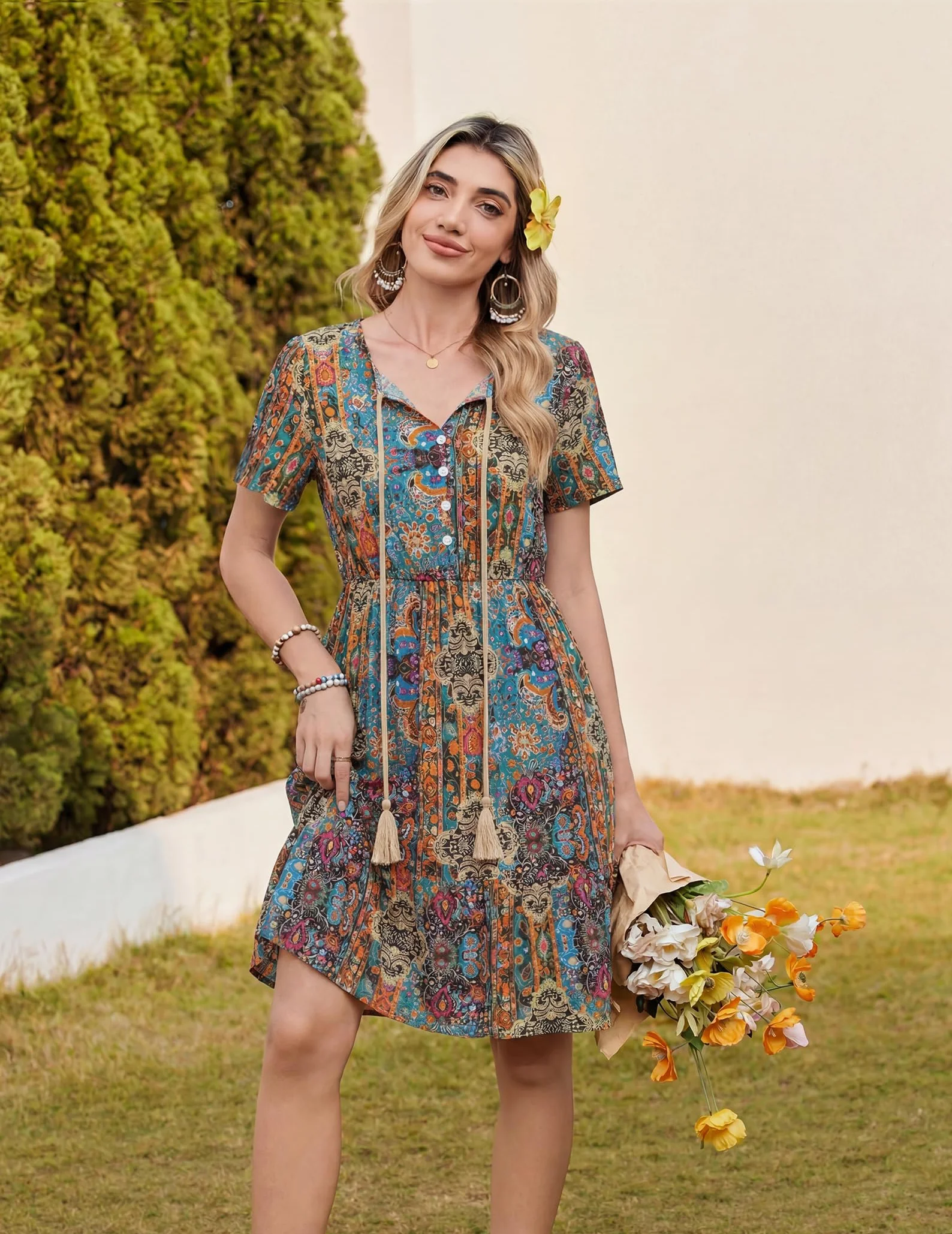 Zeagoo Letnia sukienka damska w stylu boho, sukienka plażowa, dekolt w serek, krótki rękaw, sukienka o linii A, lekka i przewiewna, do kolan, sukienka tunikowa, elegancka sukienka w stylu vintage
