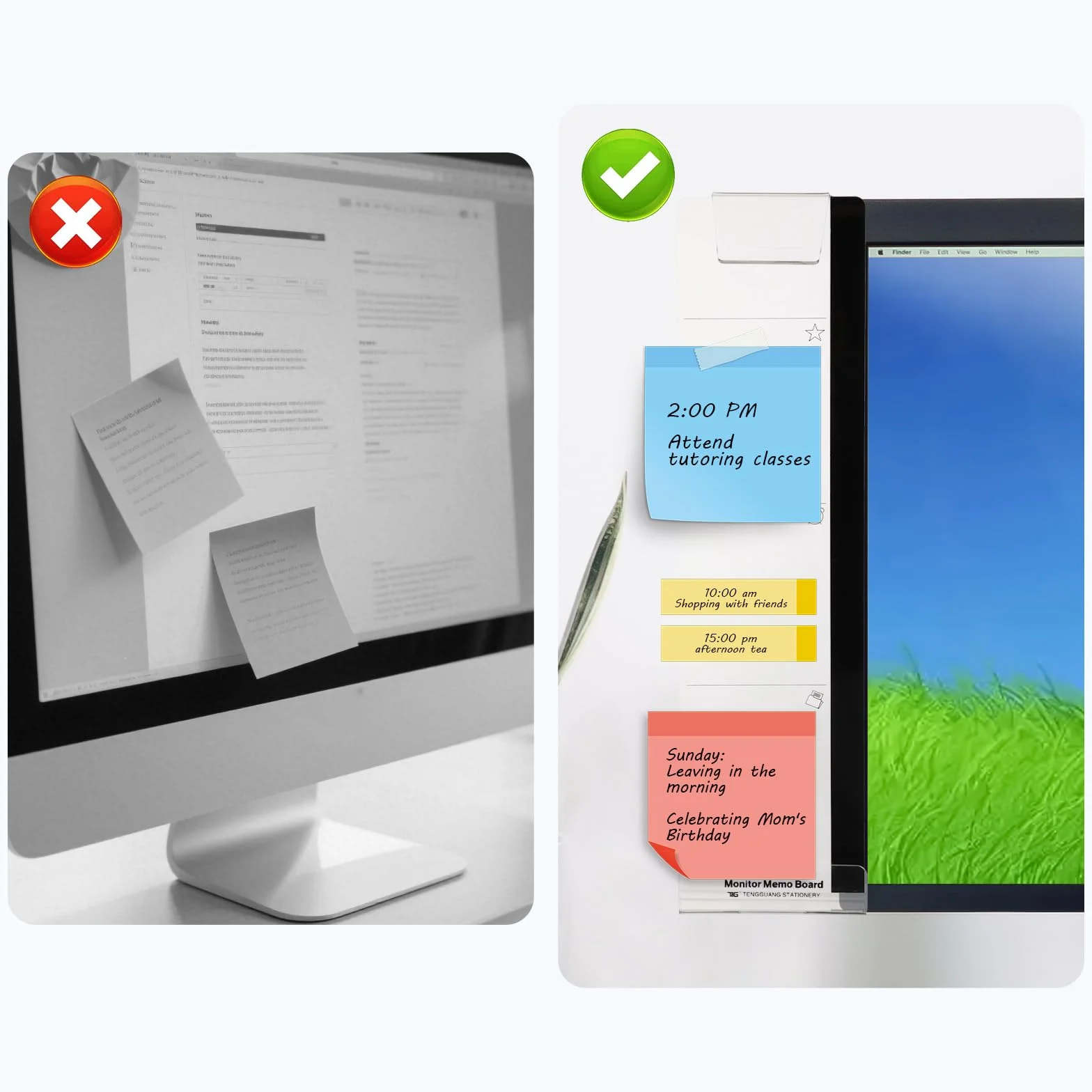 2-częściowy zestaw akcesoriów biurowych, tablica do monitora, tablica informacyjna, uchwyt na karteczki samoprzylepne, akryl, do ściany bocznej monitora (lewa/prawa)