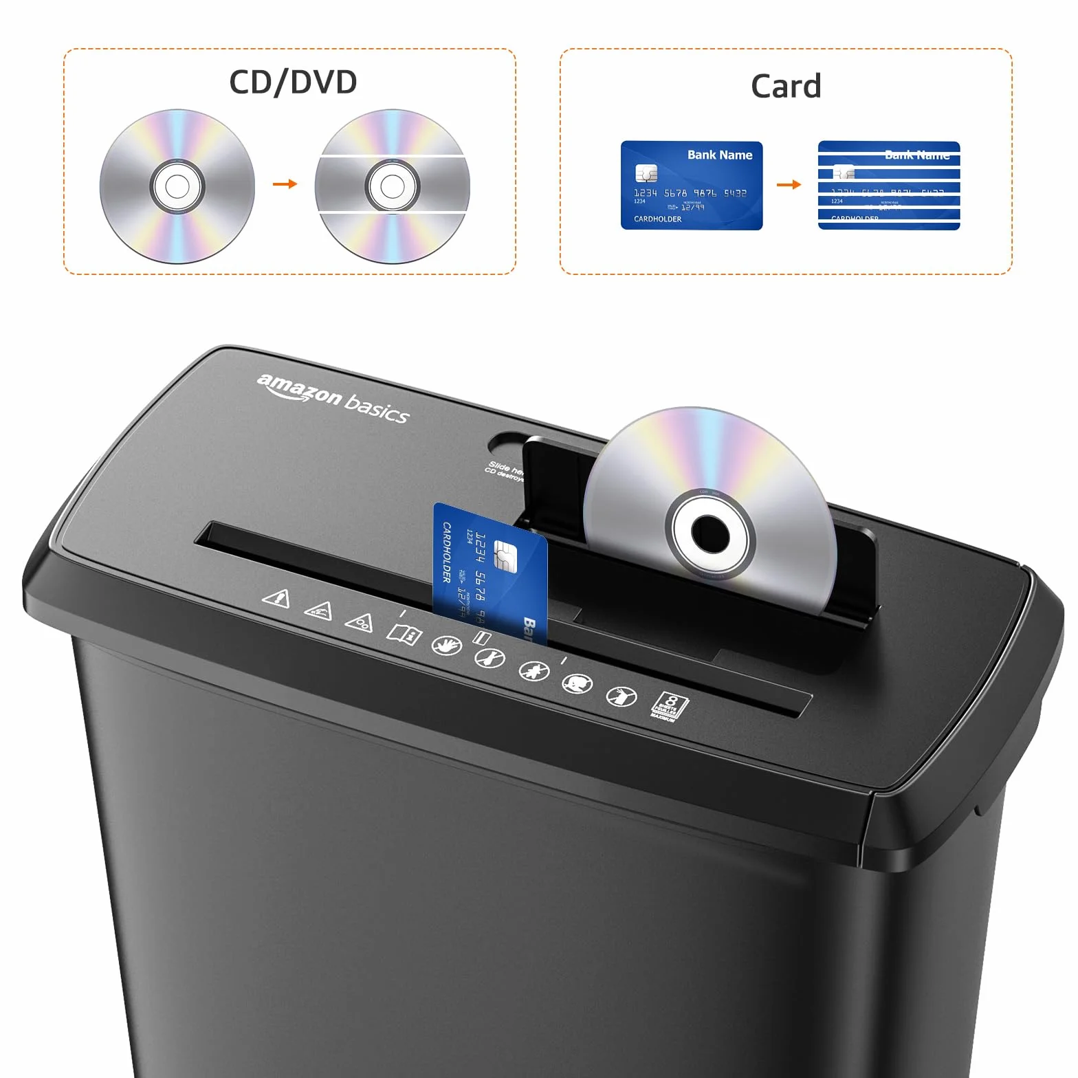 Amazon Basics Niszczarka dokumentów, ciecie w paski do 8 arkuszy, do papieru, płyt CD i kart kredytowych, czarna