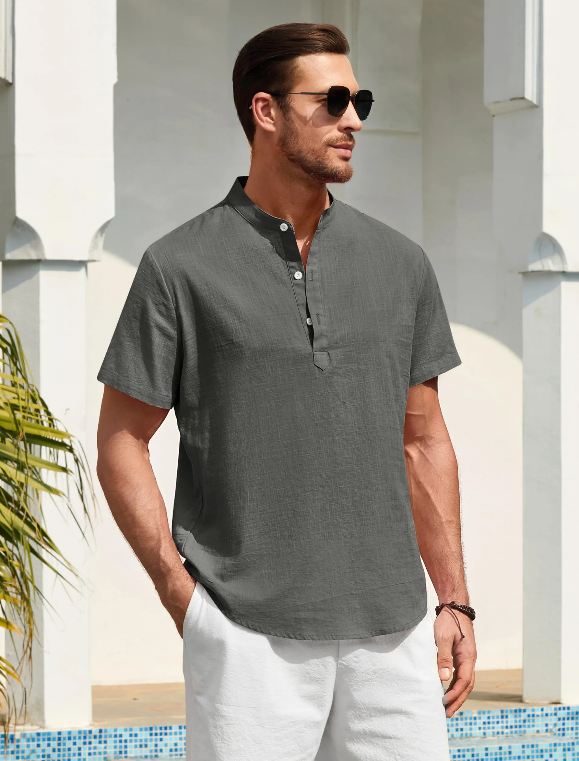 Lniana koszula męska z krótkim rękawem na lato, koszula casual ze stójką (kołnierzem Mao) w stylu ibicenskim, zapinana na guziki, jednokolorowa odzież S-4XL