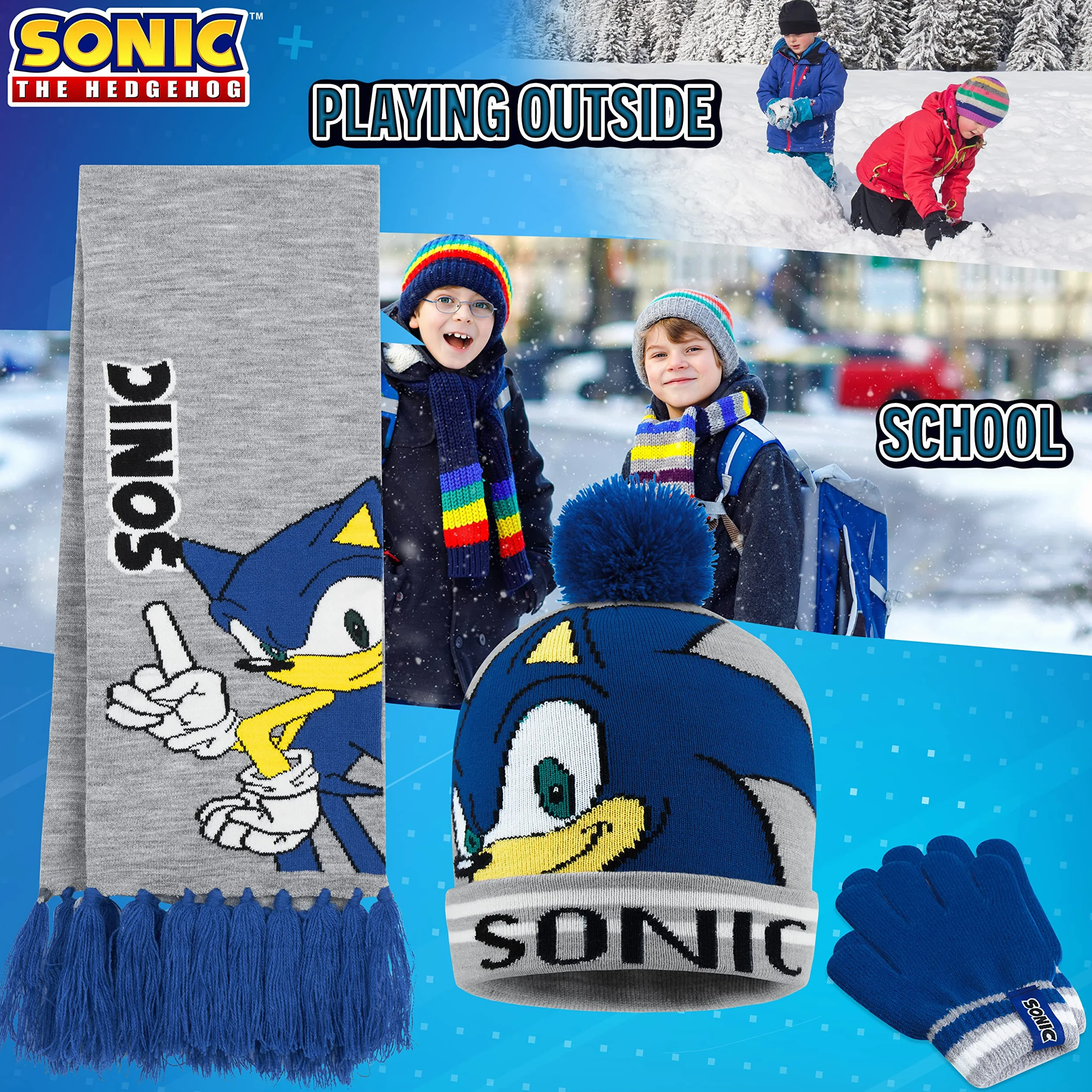 SONIC THE HEDGEHOG Czapka beanie szalik i rękawiczki zestaw dla chłopców