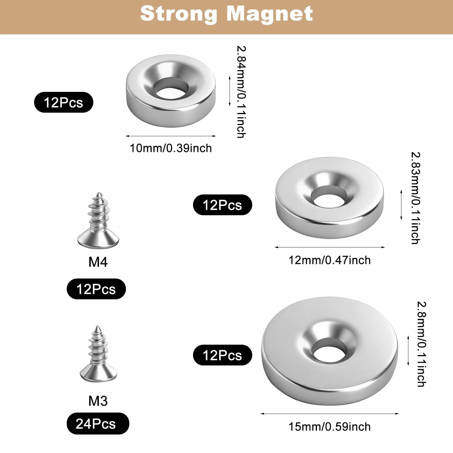 36 sztuk magnesów neodymowych z otworem, bardzo mocne magnesy neodymowe, w 3 rozmiarach 3 mm, mocne, magnesy garnkowe ze śrubami M3/M4, okrągłe magnesy, do kuchni, warsztatu i garażu