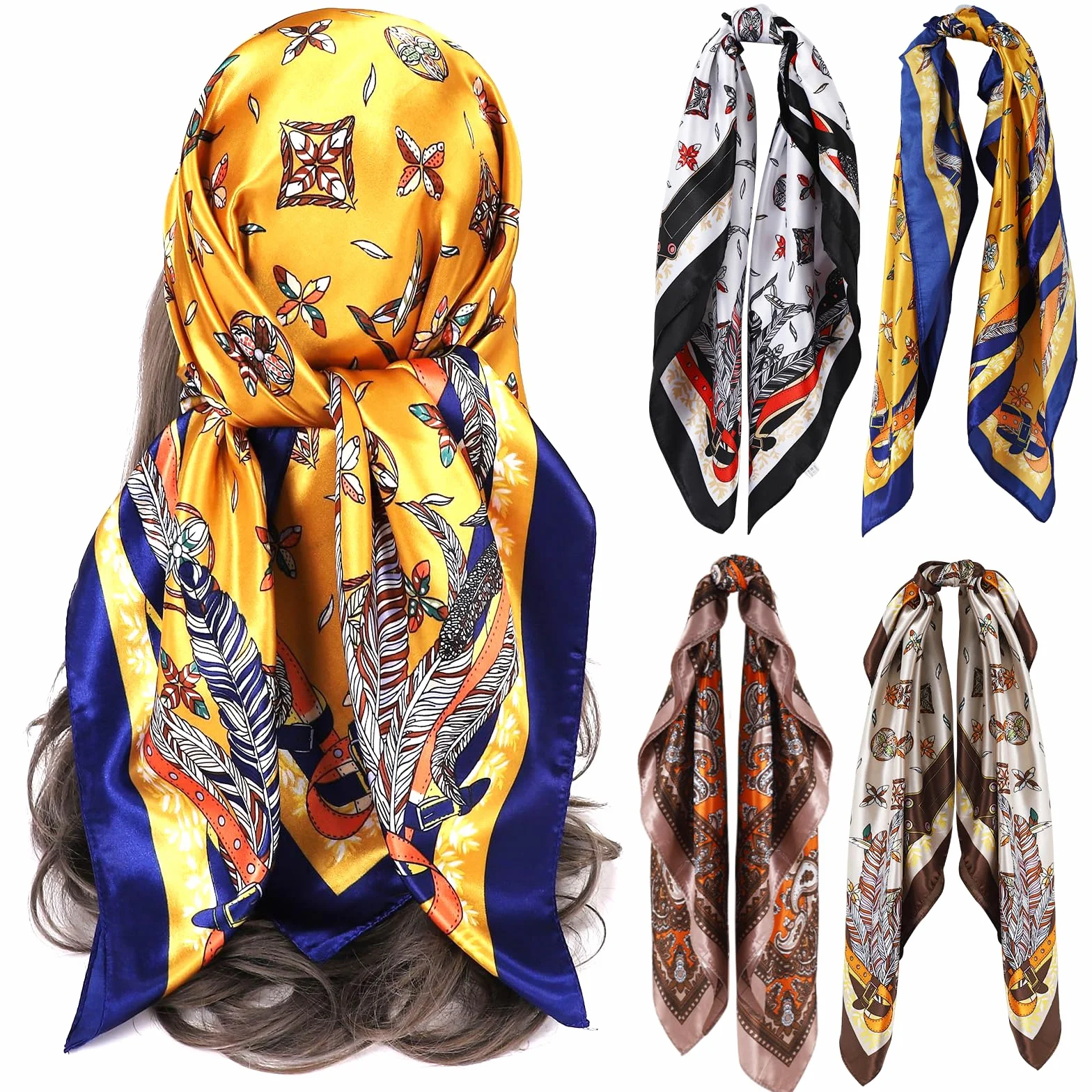 4 sztuki jedwabnych chustek na głowę dla kobiet, 90 x 90 cm Duże Kwadratowe Satynowe chusta na głowę dla kobiet, na lato, satynowa bandana dla dziewcząt, ozdoba do włosów