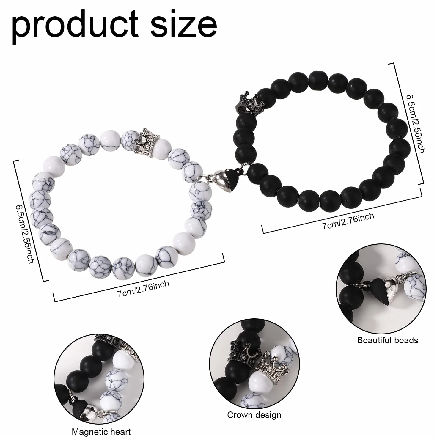 2szt Magnetyczne Bransoletki dla Par, Love Heart Pasujące Bransoletki King & Queen Crown Biżuteria dla Niego i dla Niej Prezenty na Odległość dla Chłopaka Dziewczyny Rocznica Walentynki