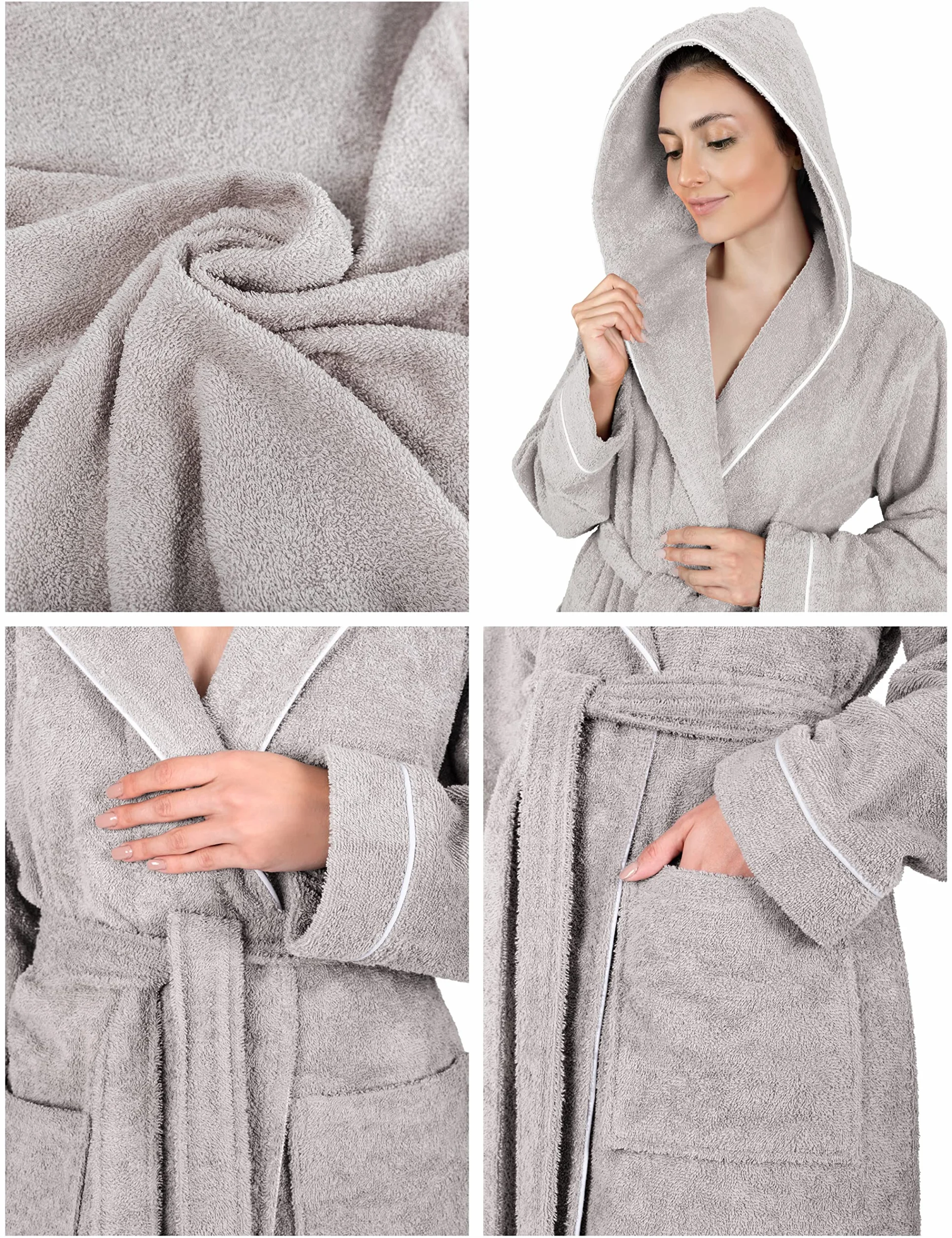 LAYNENBURG Damski szlafrok frotte - kaptur - długi - 100% bawełna (380g/m2) - OEKO TEX Standard 100 - rozmiar S, M, L, XL, XXL, 3XL