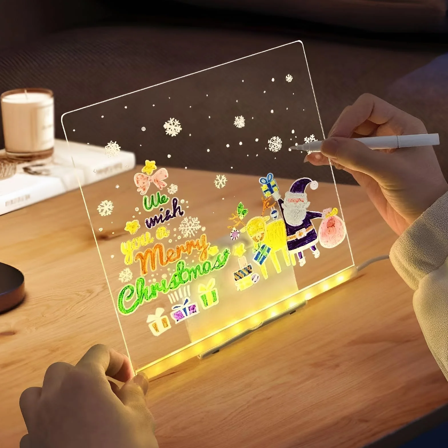 Akrylowa tablica z lampkami LED do rysowania z 6 długopisami zmywalnymi neonowymi kreatywnymi podświetlanymi literami do biura kawiarni szkoły domowej dzieci (30 x 20 cm)