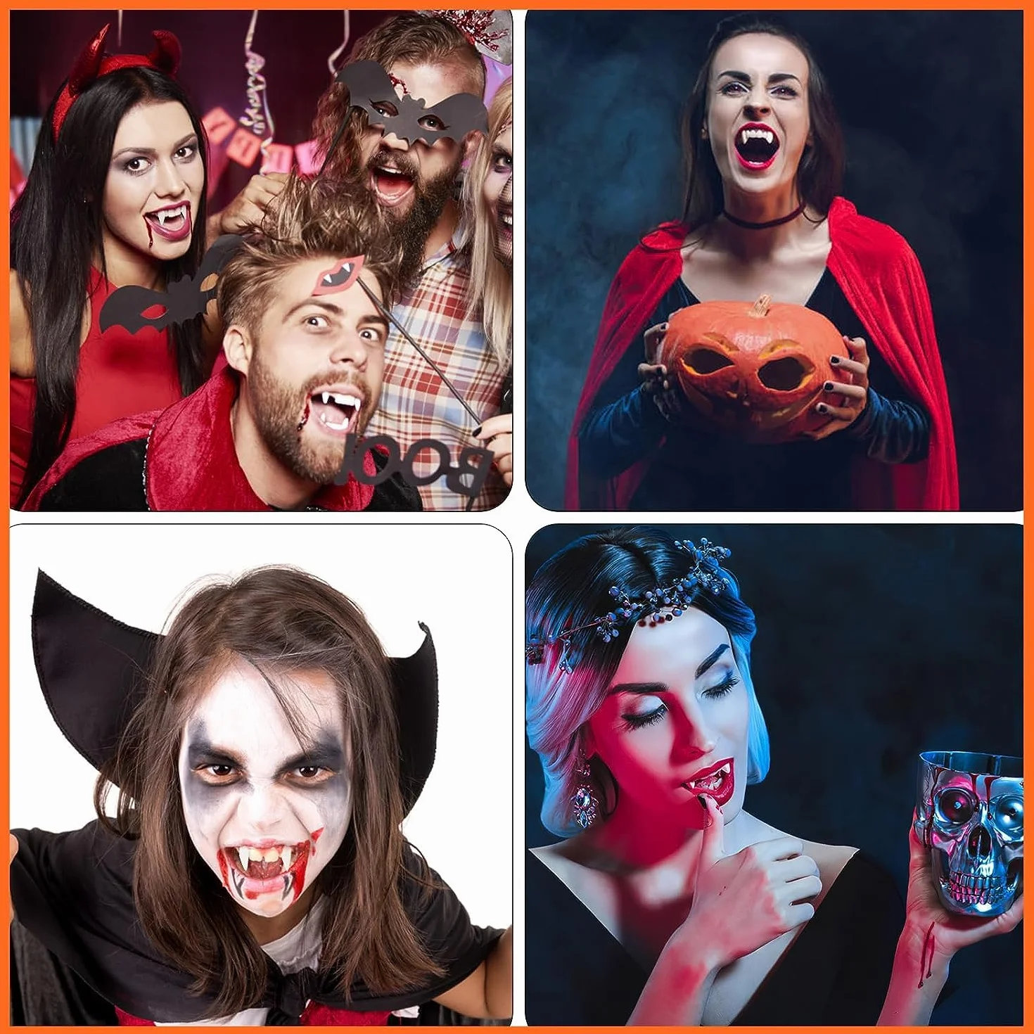4 pary kłów wampira z klejem, zęby wampira, kły wampira, sztuczne zęby, wielokrotnego użytku, kły wampira, zęby na Halloween, imprezę, cosplay, 4 pary