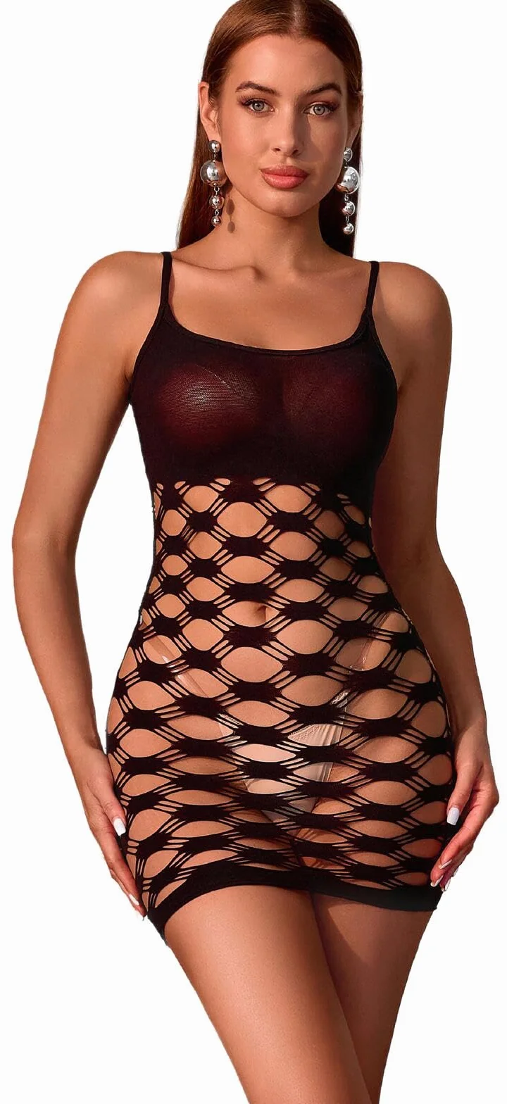 Bommi Fairy Damska bielizna seksowna siateczkowa Bodystocking Fishnet Dessous Stretch Bodysuits jednoczęściowa, przezroczysta sukienka wiązana na szyi