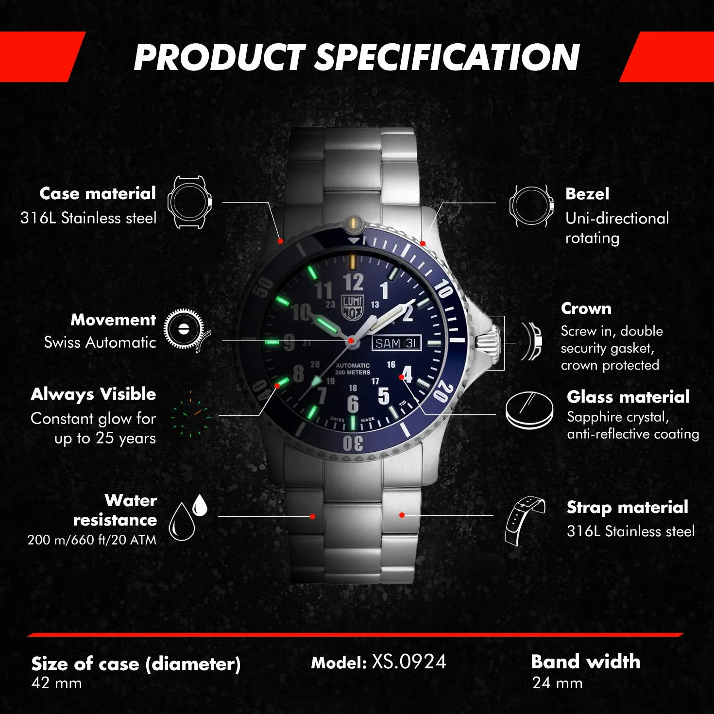 Luminox Męski analogowy zegarek automatyczny z paskiem ze stali nierdzewnej XS.0924, Srebrny, Nowoczesny
