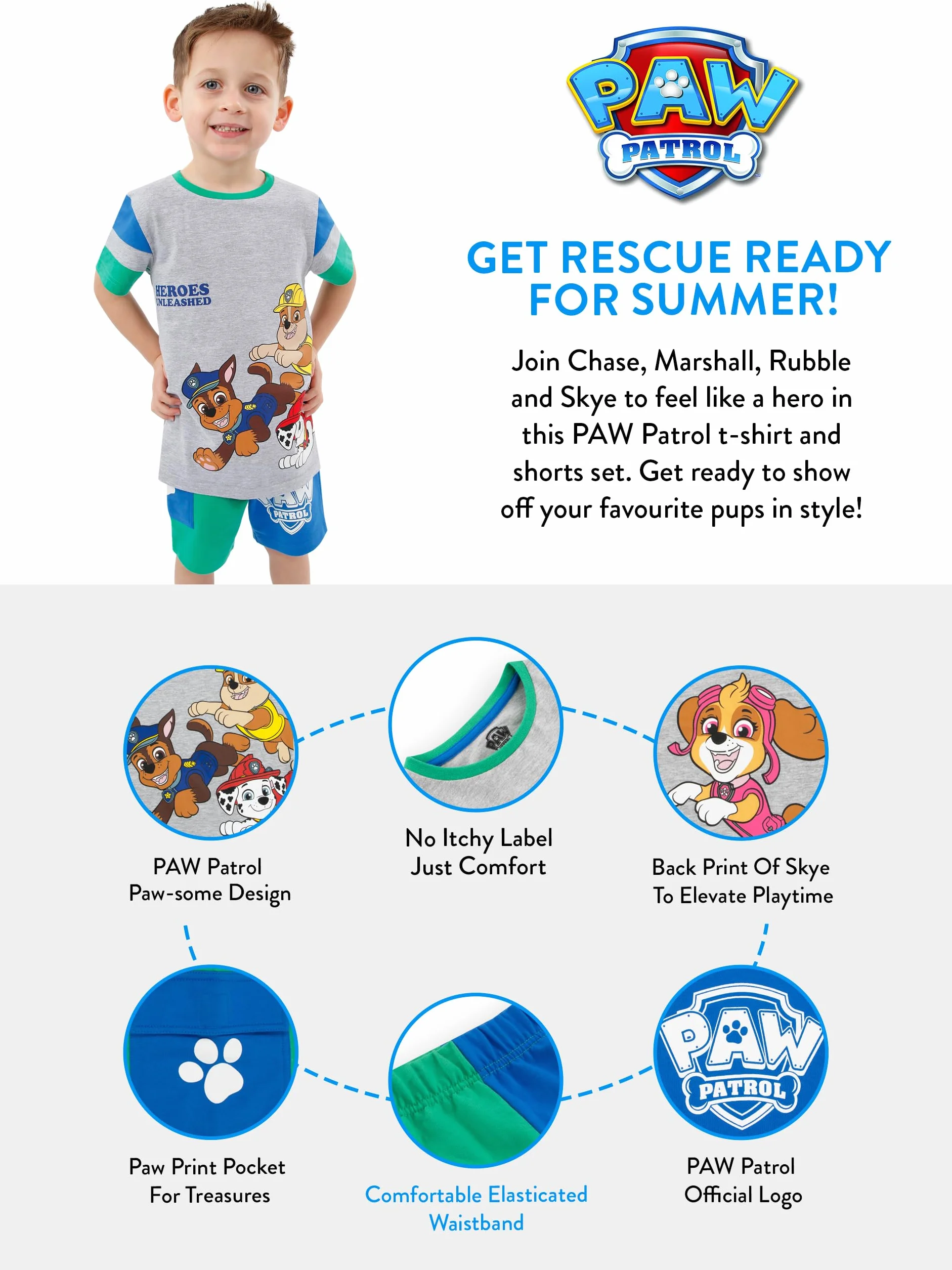 Paw Patrol T-Shirt i Szorty | Zestaw Koordynowany | Chase, Rubble, Skye i Marshall T-Shirt i Zestaw Szortów