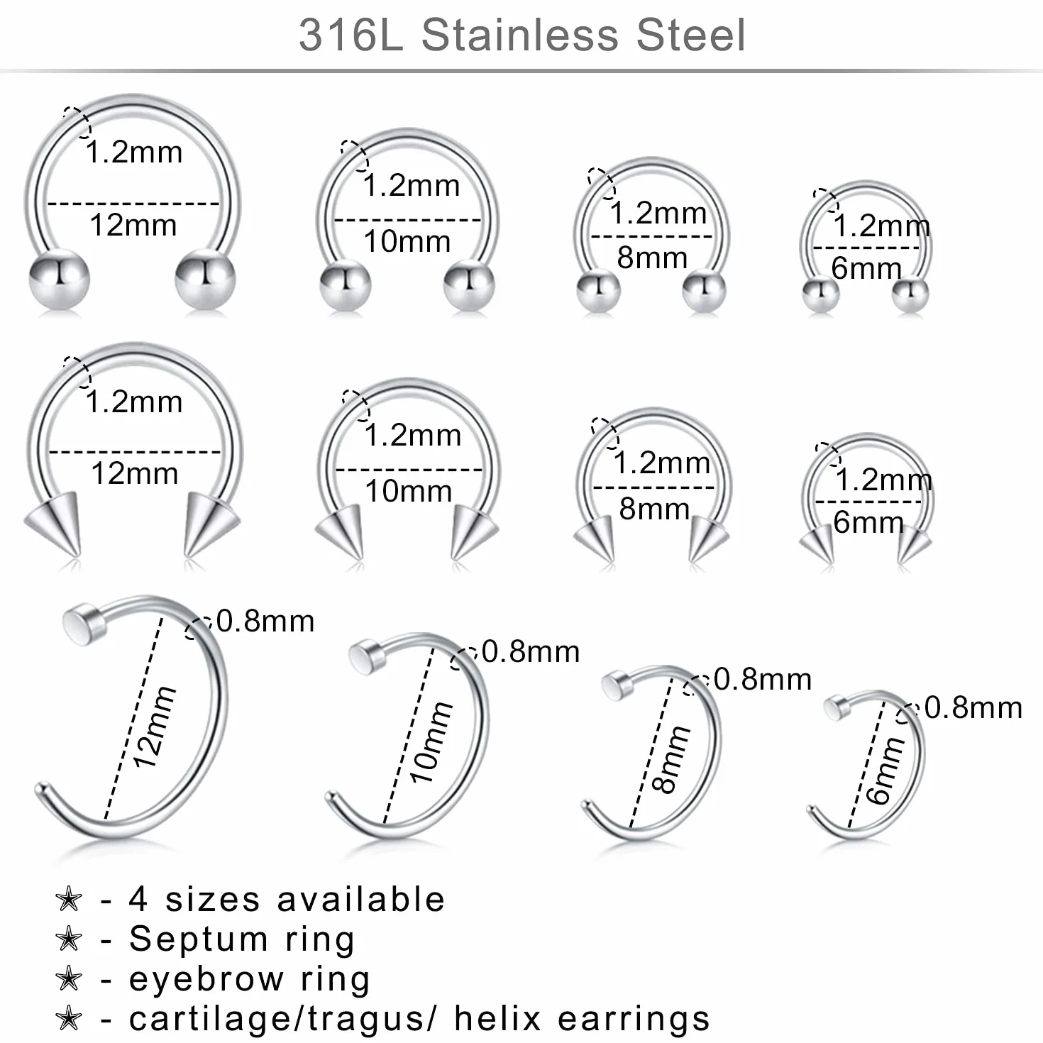 Mieszany zestaw do piercingu, zestawy do wszystkich piercingów, stal nierdzewna, 14G, 16G, 18G, 20 g, nosa, przegrody nosowej, chrząstki, tragus, kolczyki, brzuch, , język, uśmiech, warga, pierścień, Metal Stal nierdzewna