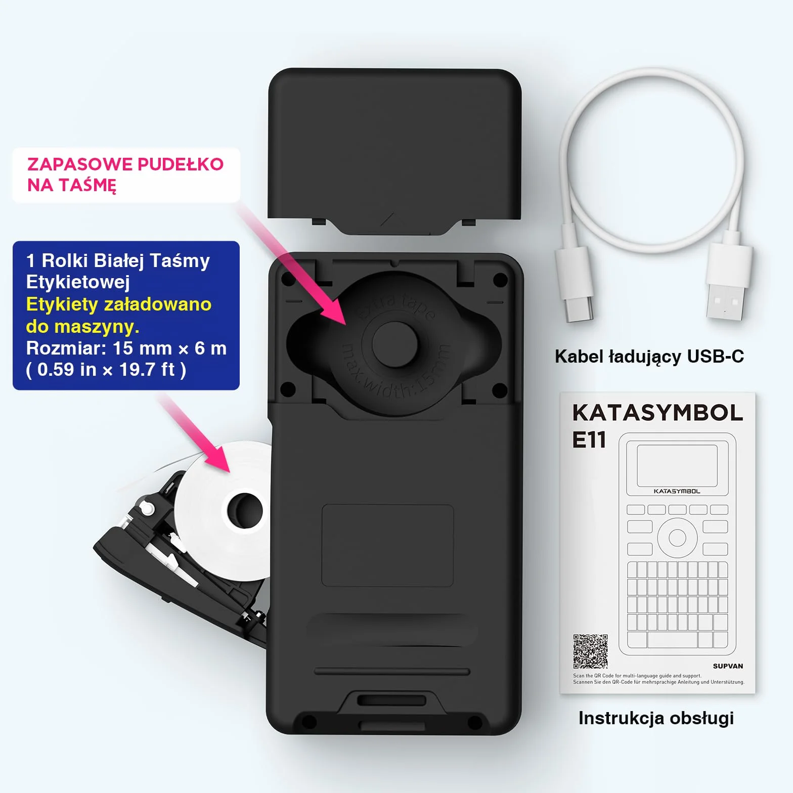 SUPVAN E11 Drukarka Etykiet Bluetooth Przenośna, Akumulatorowa, Kompatybilna z Klawiaturą i Aplikacją, Zawiera Etykiety Samoprzylepne, do Domu, Biura i Szkoły