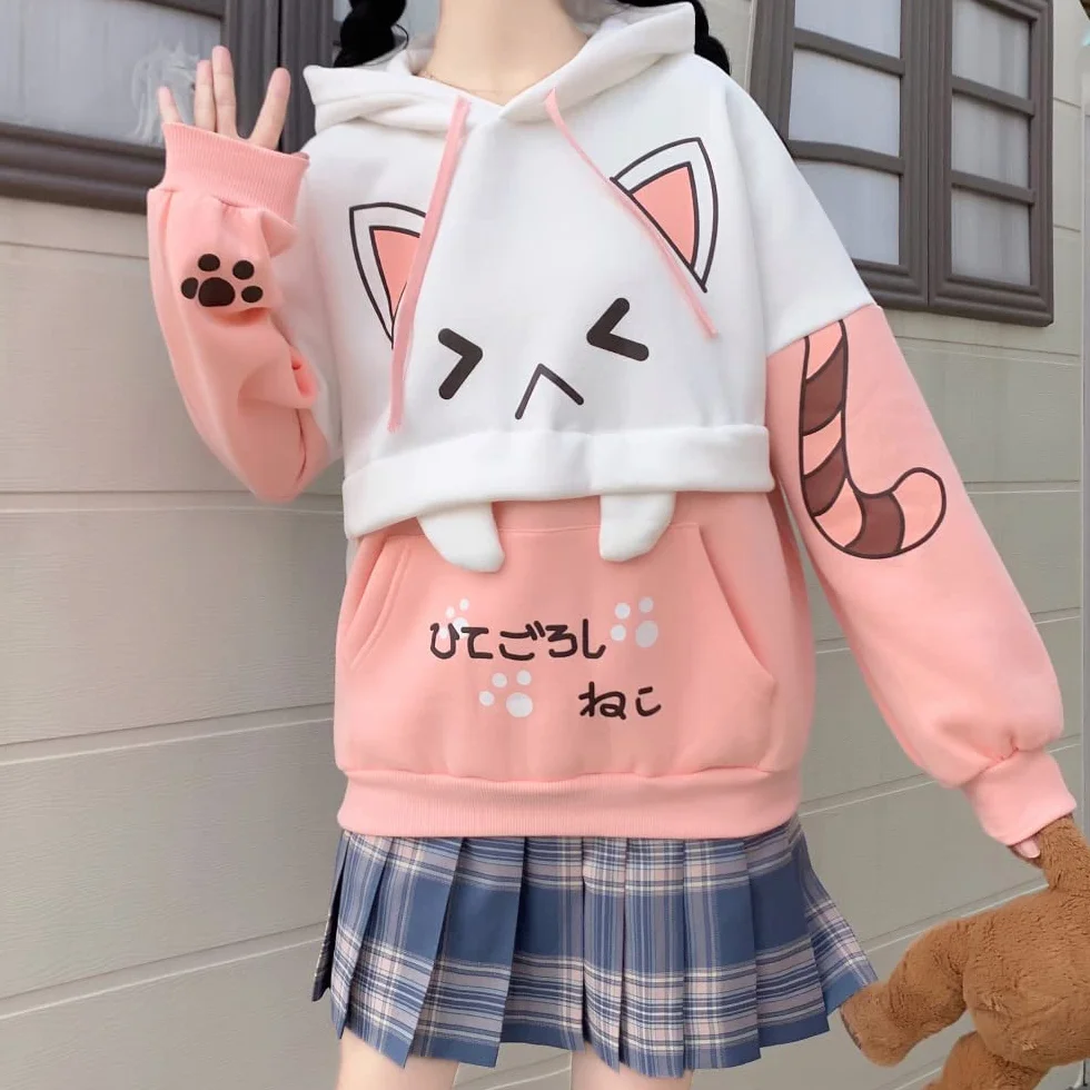 Himifashion urocza bluza z kapturem nastolatki kawaii nadruk kota sweter z kapturem topy plus aksamitna bluza luźne ciepłe bluzy z kapturem, różowy, Rozmiar uniwersalny